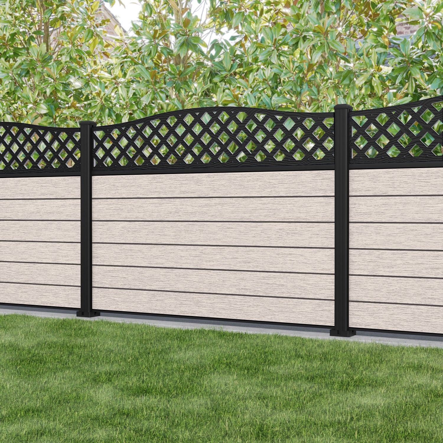 Fusion High Wave Curved Top Fence Panel - Mid Stone - with our aluminium posts
