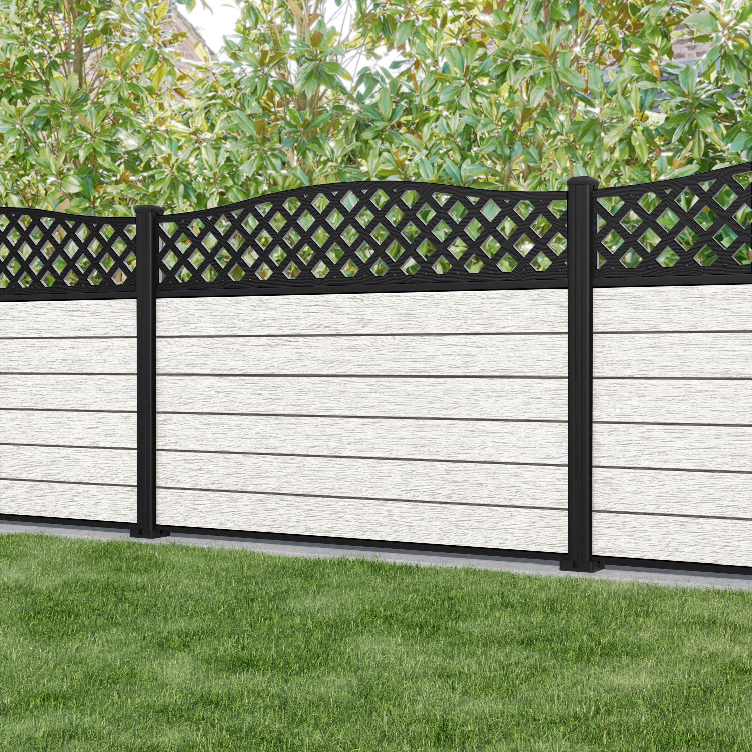 Fusion High Wave Fence Panel - Light Stone - with our aluminium posts