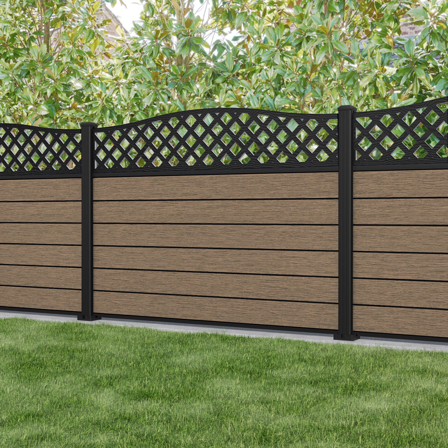 Fusion High Wave Fence Panel - Teak - with our aluminium posts