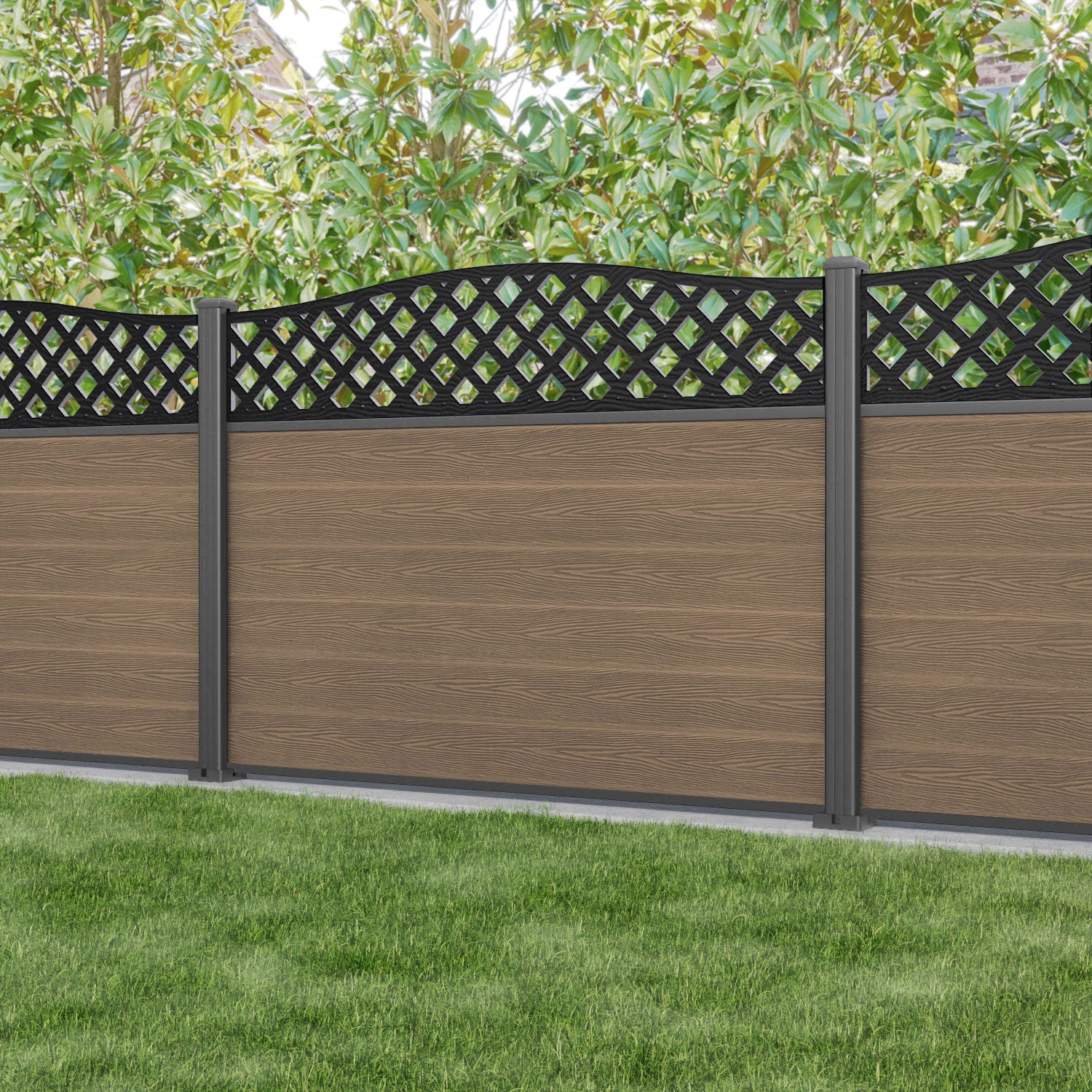 Classic High Wave Fence Panel - Teak - with our aluminium posts