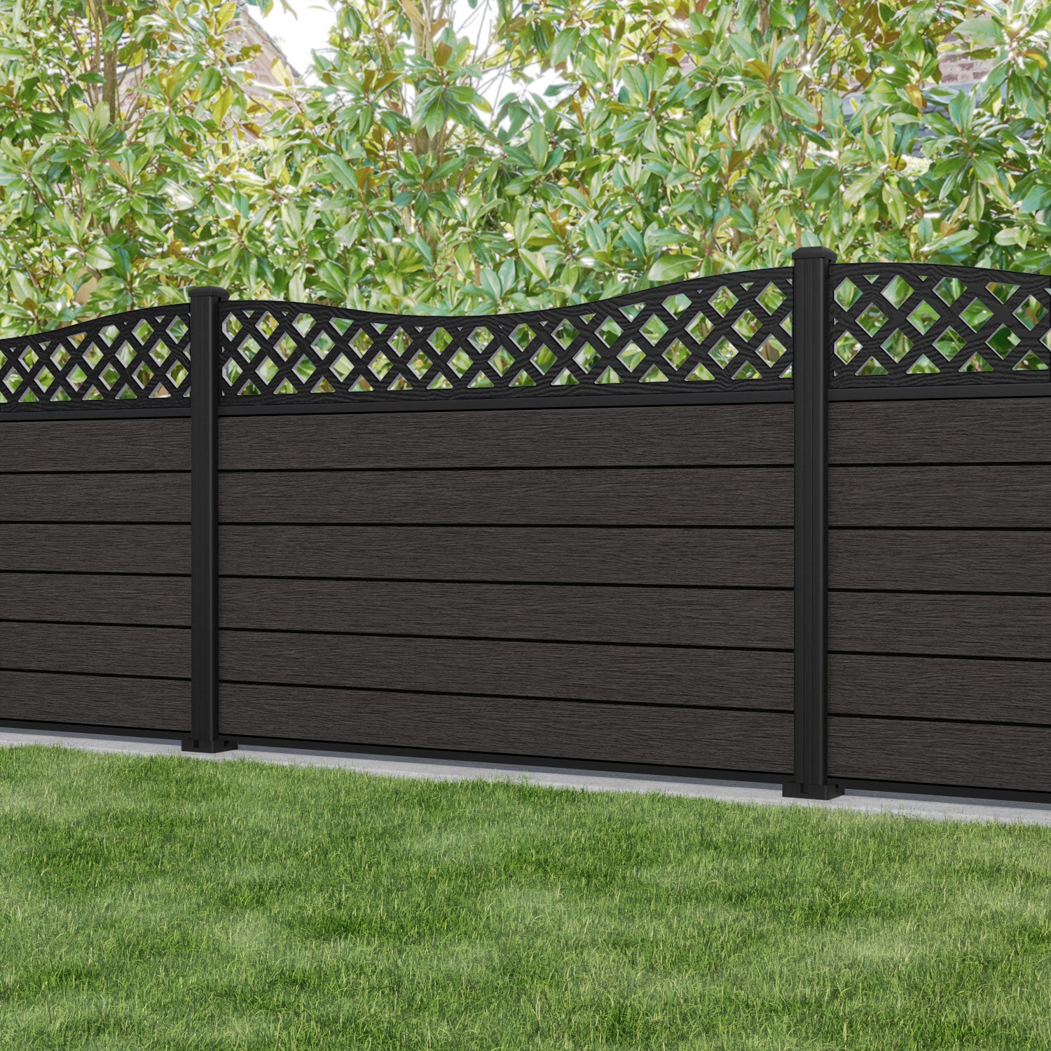 Fusion Low Wave Fence Panel - Dark Oak - with our aluminium posts