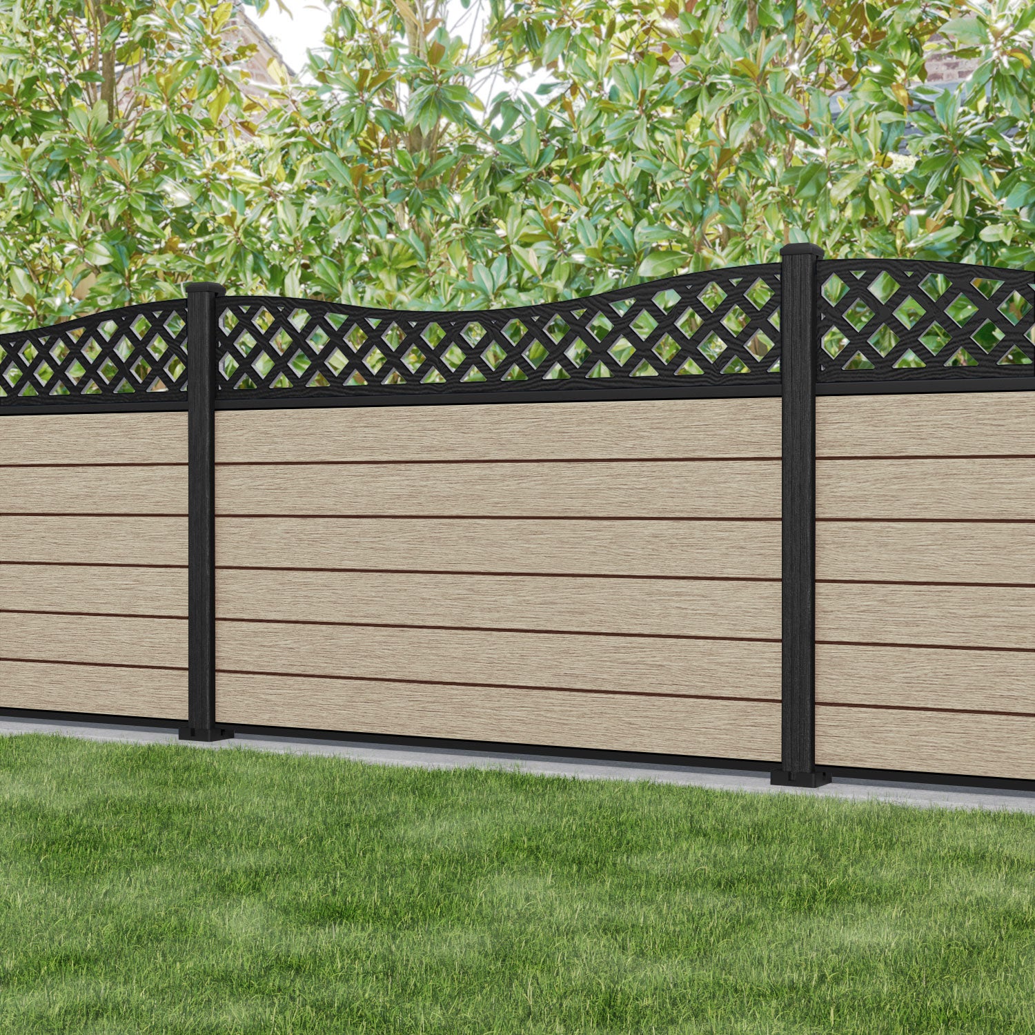 Fusion Low Wave Fence Panel - Light Oak - with our composite posts