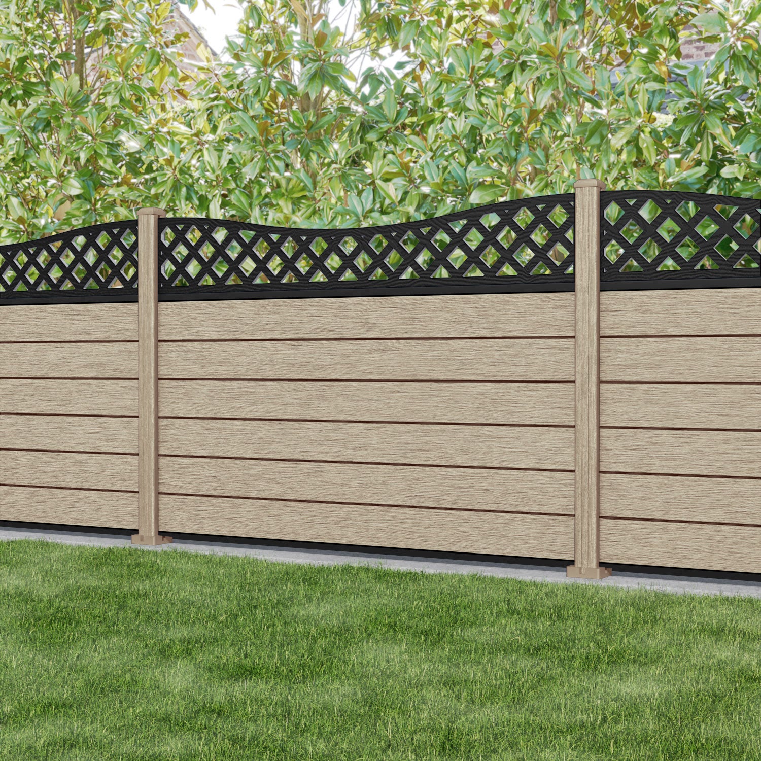 Fusion Low Wave Fence Panel - Light Oak - with our composite posts