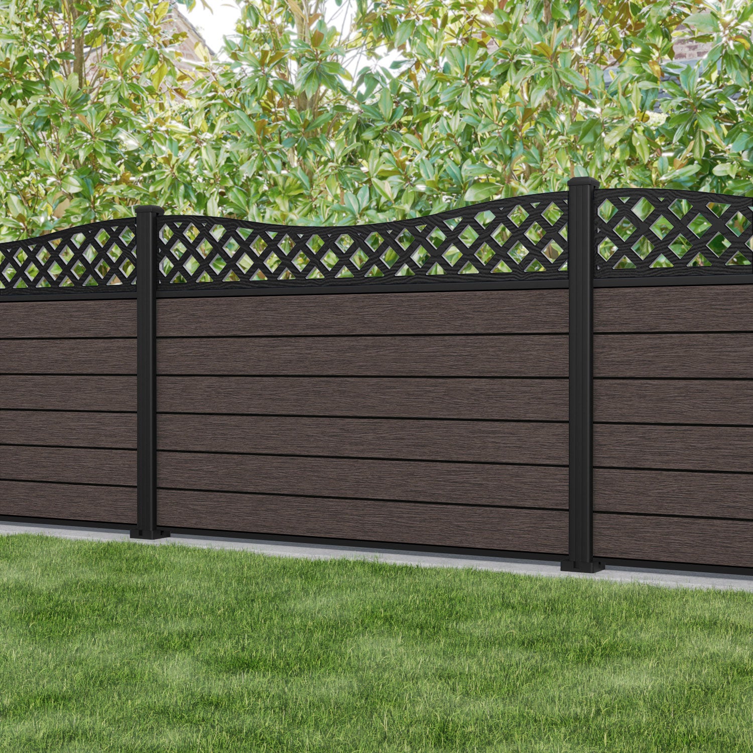 Fusion Low Wave Fence Panel - Mid Brown - with our aluminium posts