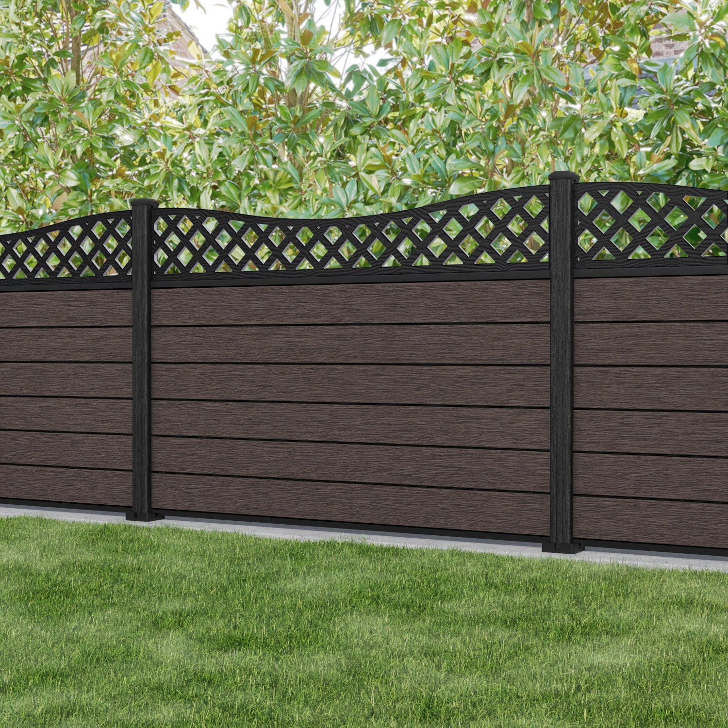 Fusion Low Wave Fence Panel - Mid Brown - with our composite posts