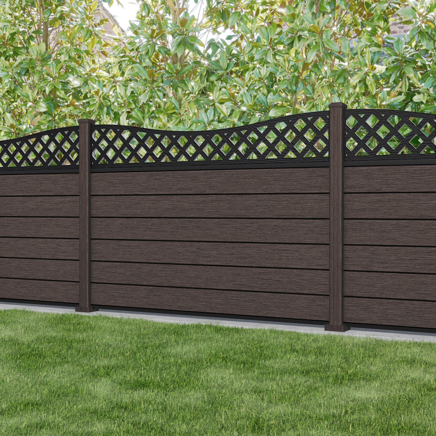 Fusion Low Wave Fence Panel - Mid Brown - with our composite posts