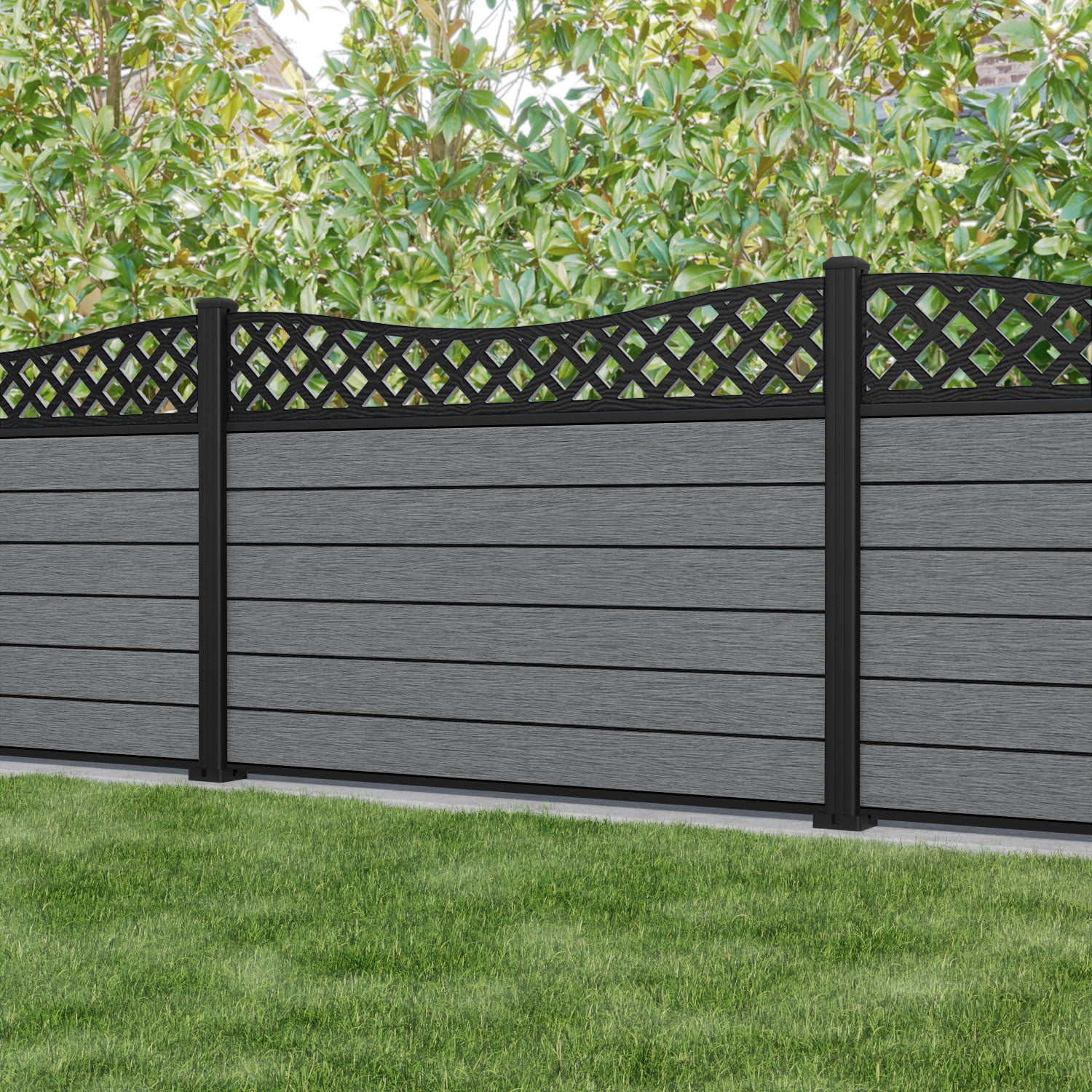 Fusion Low Wave Fence Panel - Mid Grey - with our aluminium posts