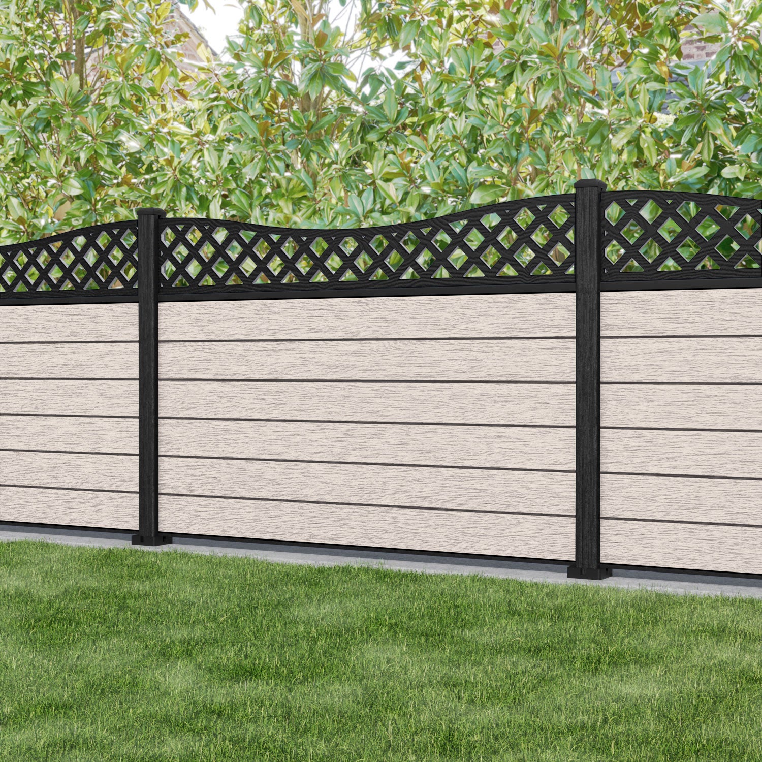 Fusion Low Wave Curved Top Fence Panel - Mid Stone - with our composite posts