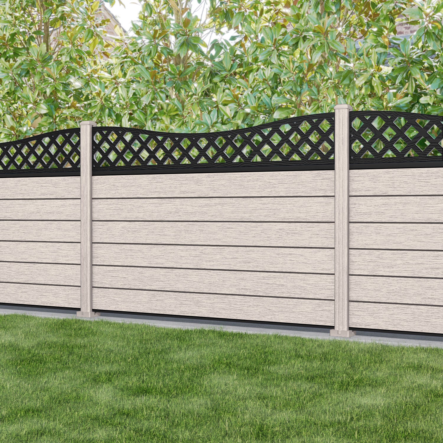 Fusion Low Wave Curved Top Fence Panel - Mid Stone - with our composite posts