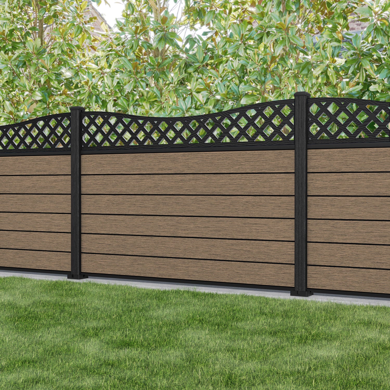Fusion Low Wave Fence Panel - Teak - with our composite posts