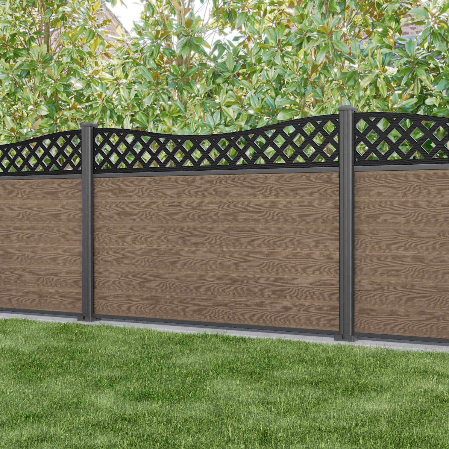 Classic Low Wave Fence Panel - Teak - with our aluminium posts