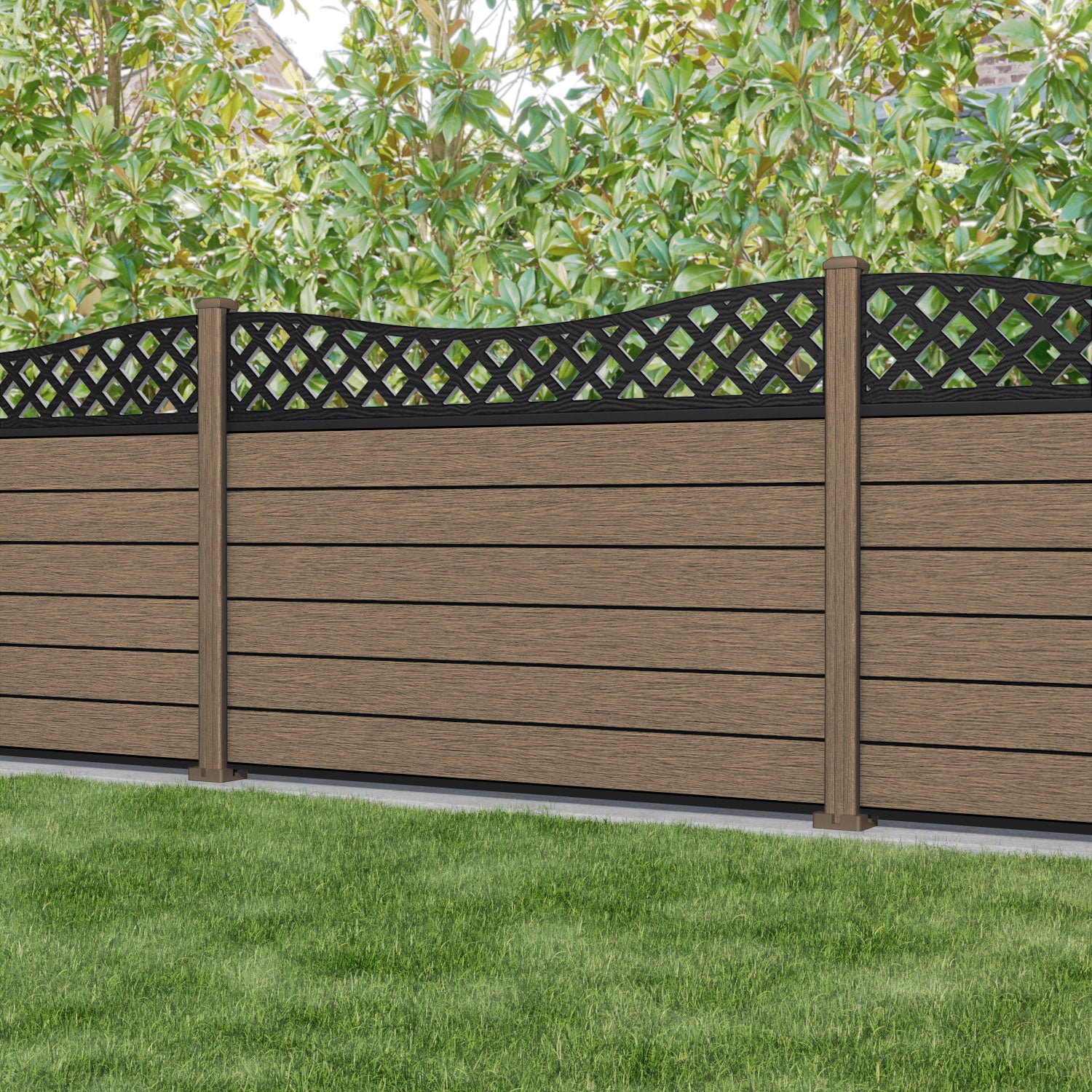 Fusion Low Wave Fence Panel - Teak - with our composite posts