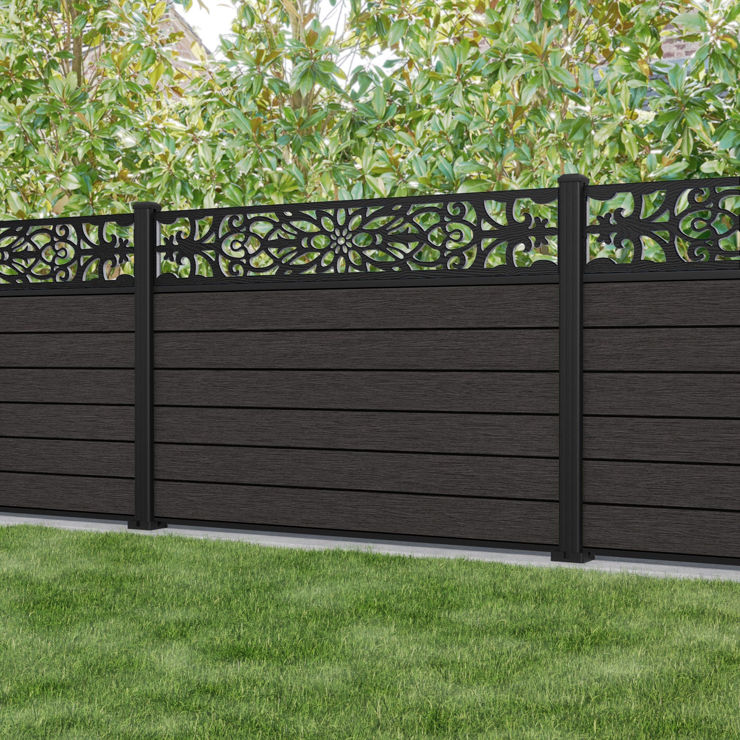 Fusion Windsor Fence Panel - Dark Oak - with our aluminium posts