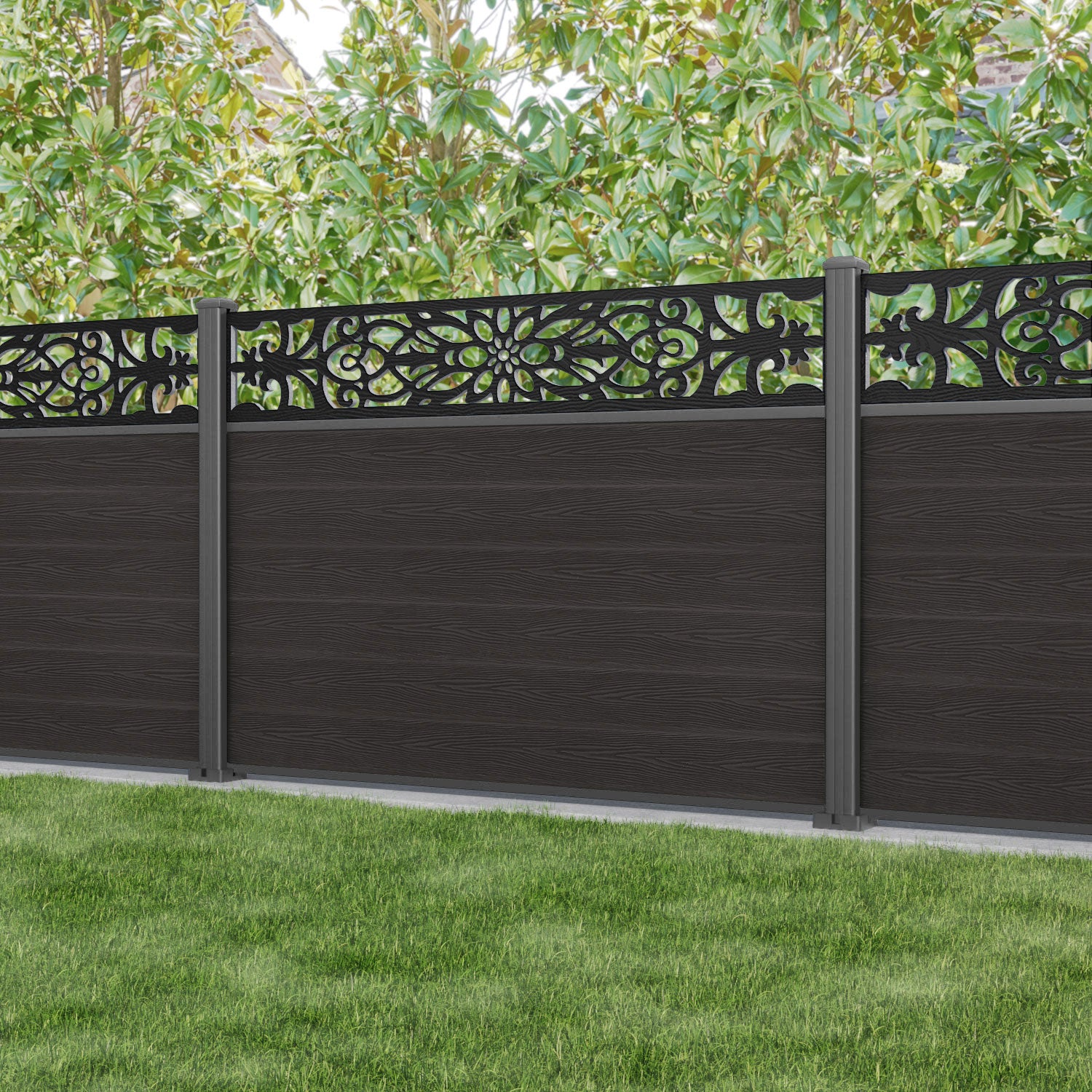 Classic Windsor Fence Panel - Dark Oak - with our aluminium posts