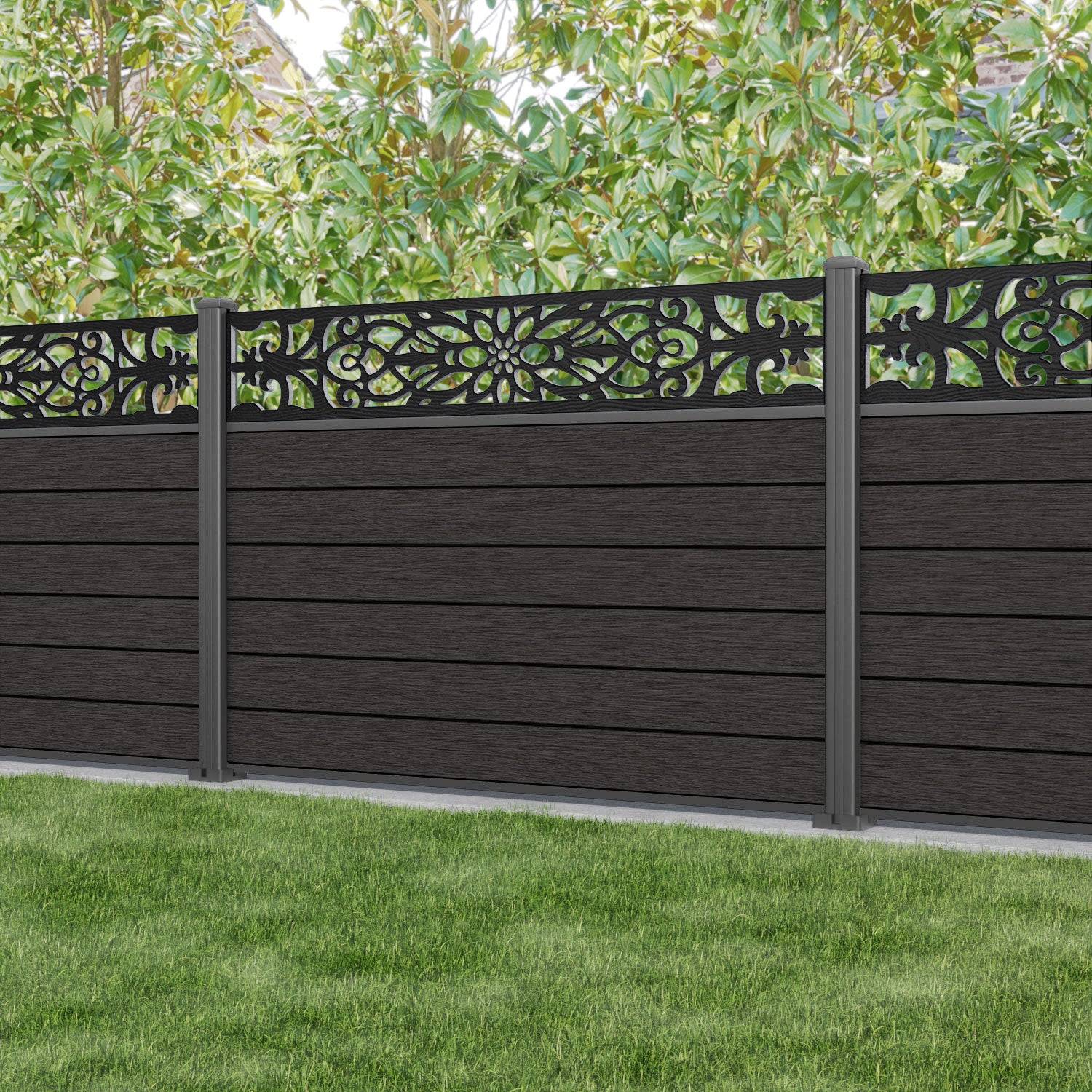 Fusion Windsor Fence Panel - Dark Oak - with our aluminium posts