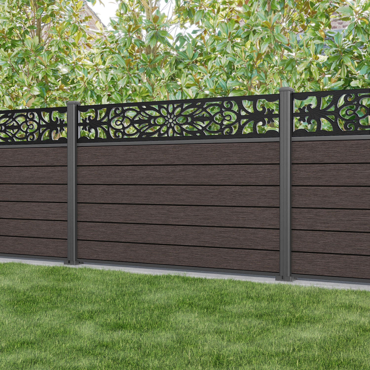 Fusion Windsor Fence Panel - Mid Brown - with our aluminium posts