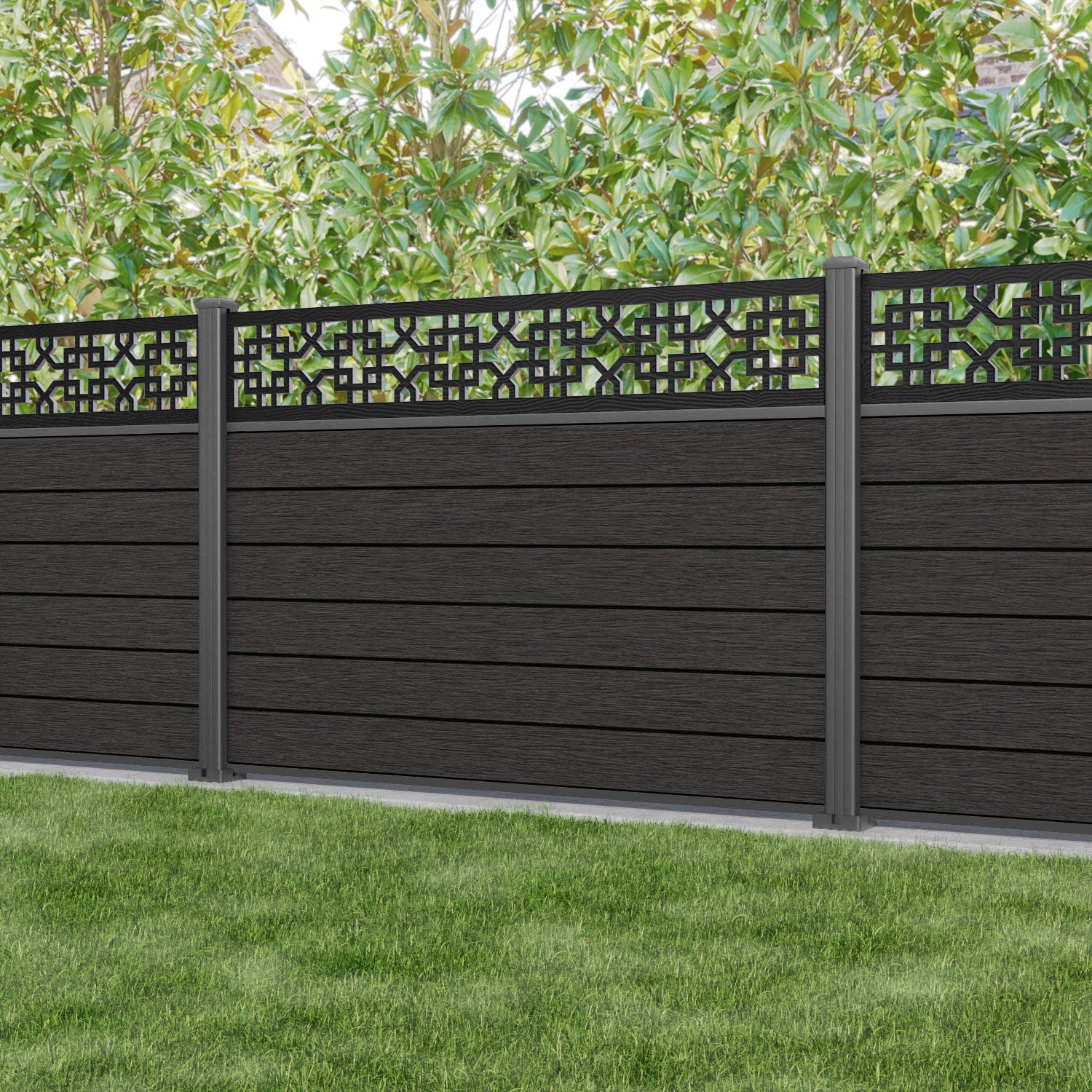 Fusion Zaria Fence Panel - Dark Oak - with our aluminium posts