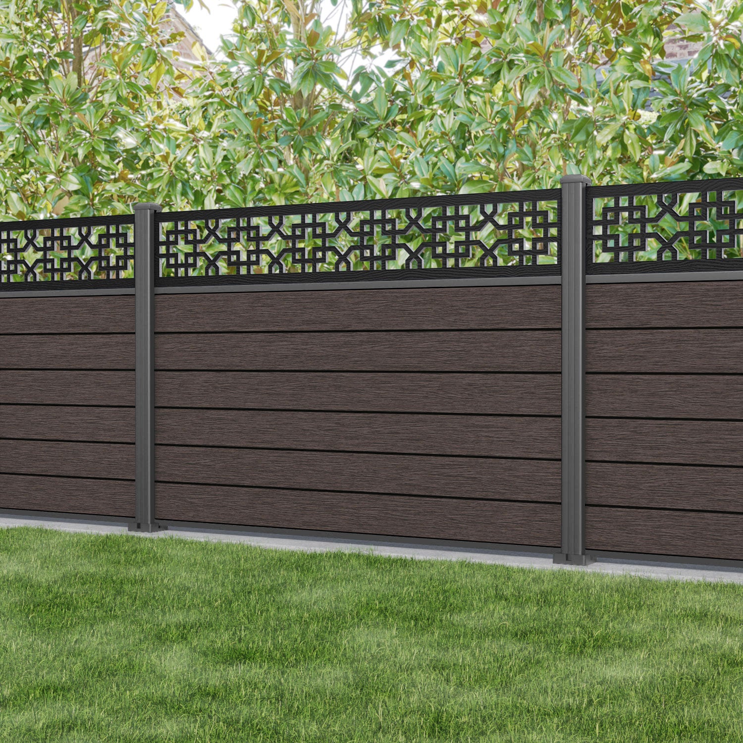 Fusion Zaria Fence Panel - Mid Brown - with our aluminium posts
