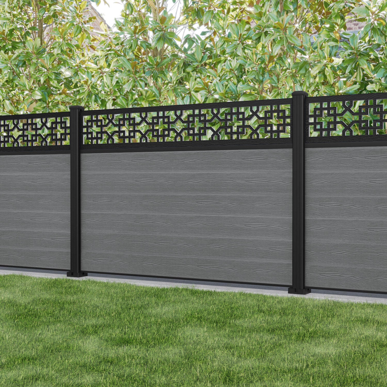 Classic Zaria Fence Panel - Mid Grey - with our aluminium posts