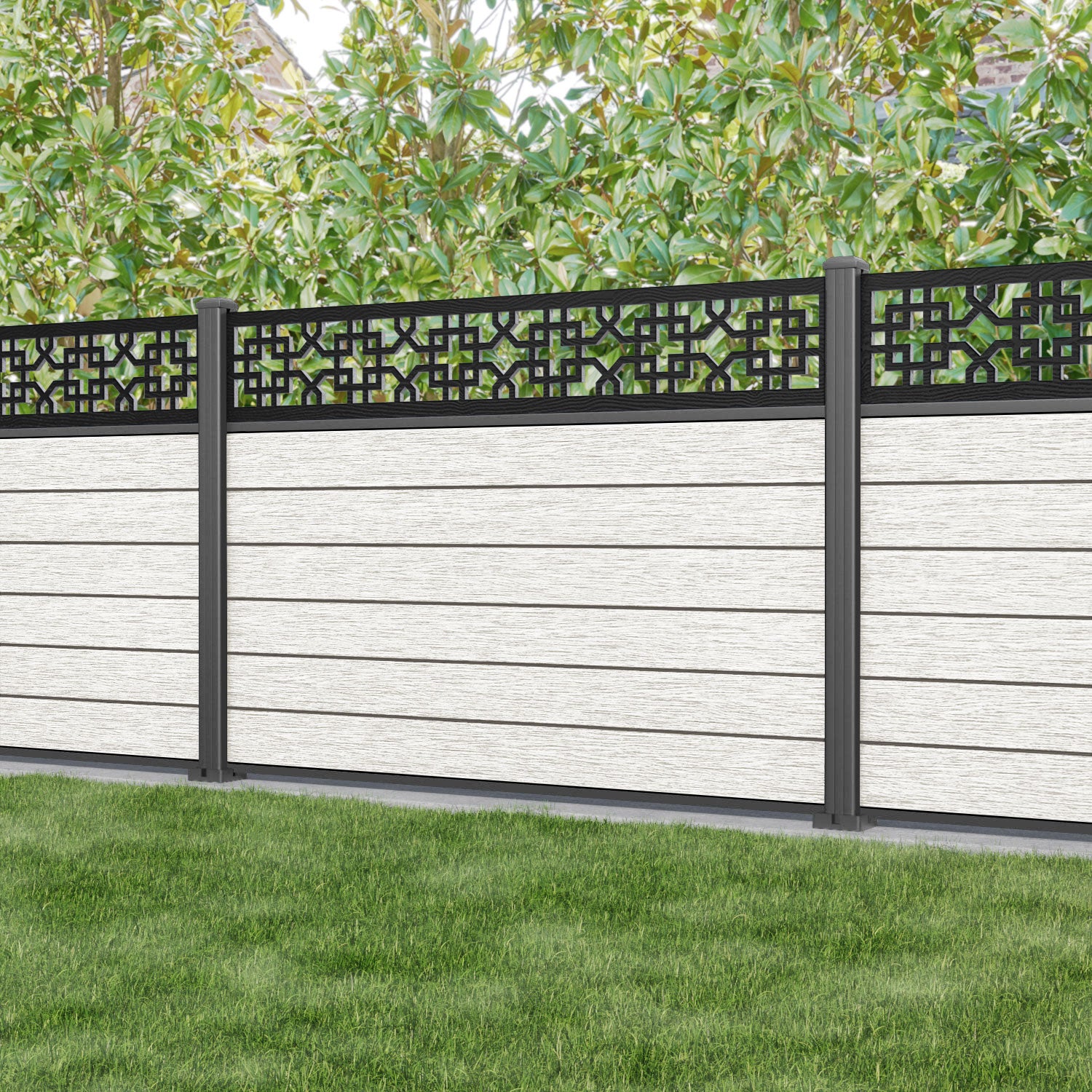 Fusion Zaria Fence Panel - Light Stone - with our aluminium posts