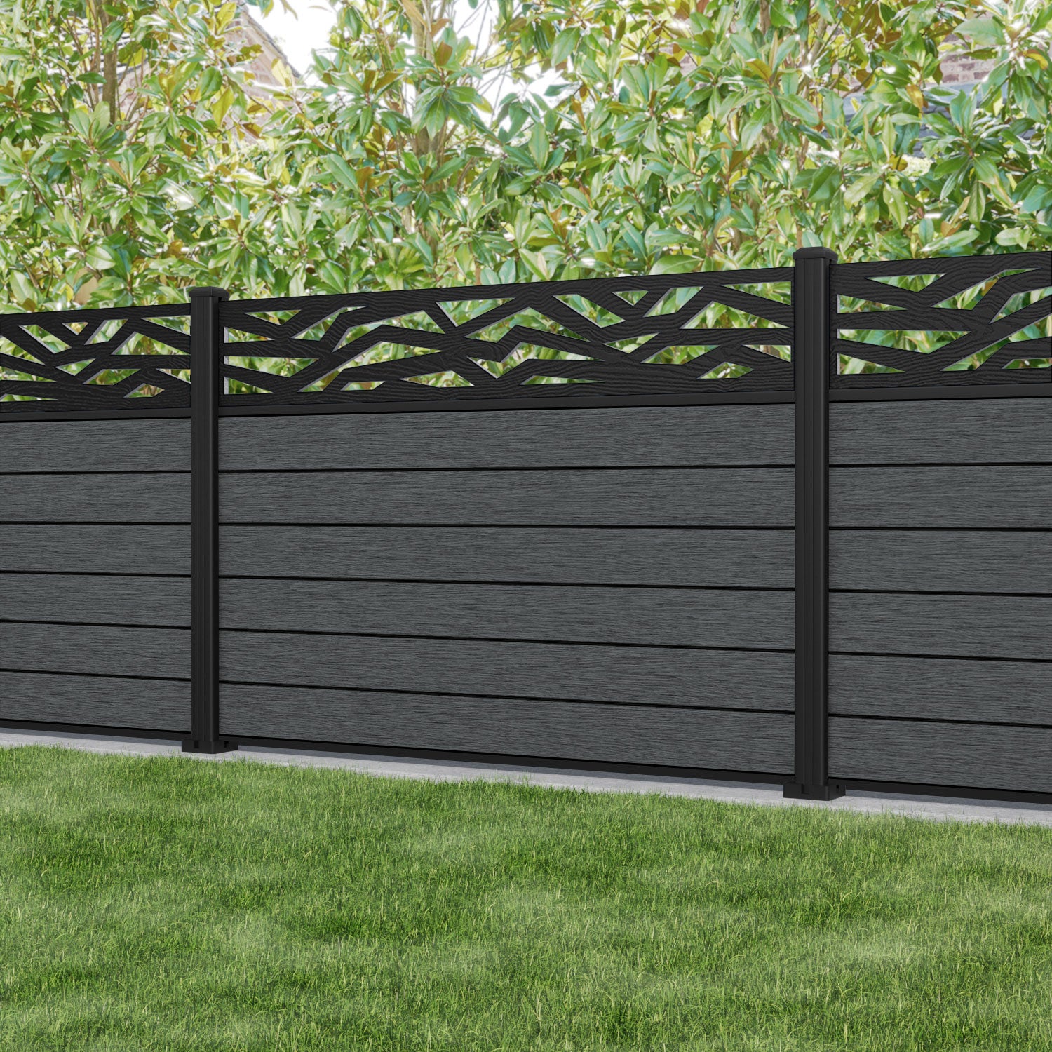 Fusion Zenith Fence Panel - Dark Grey - with our aluminium posts