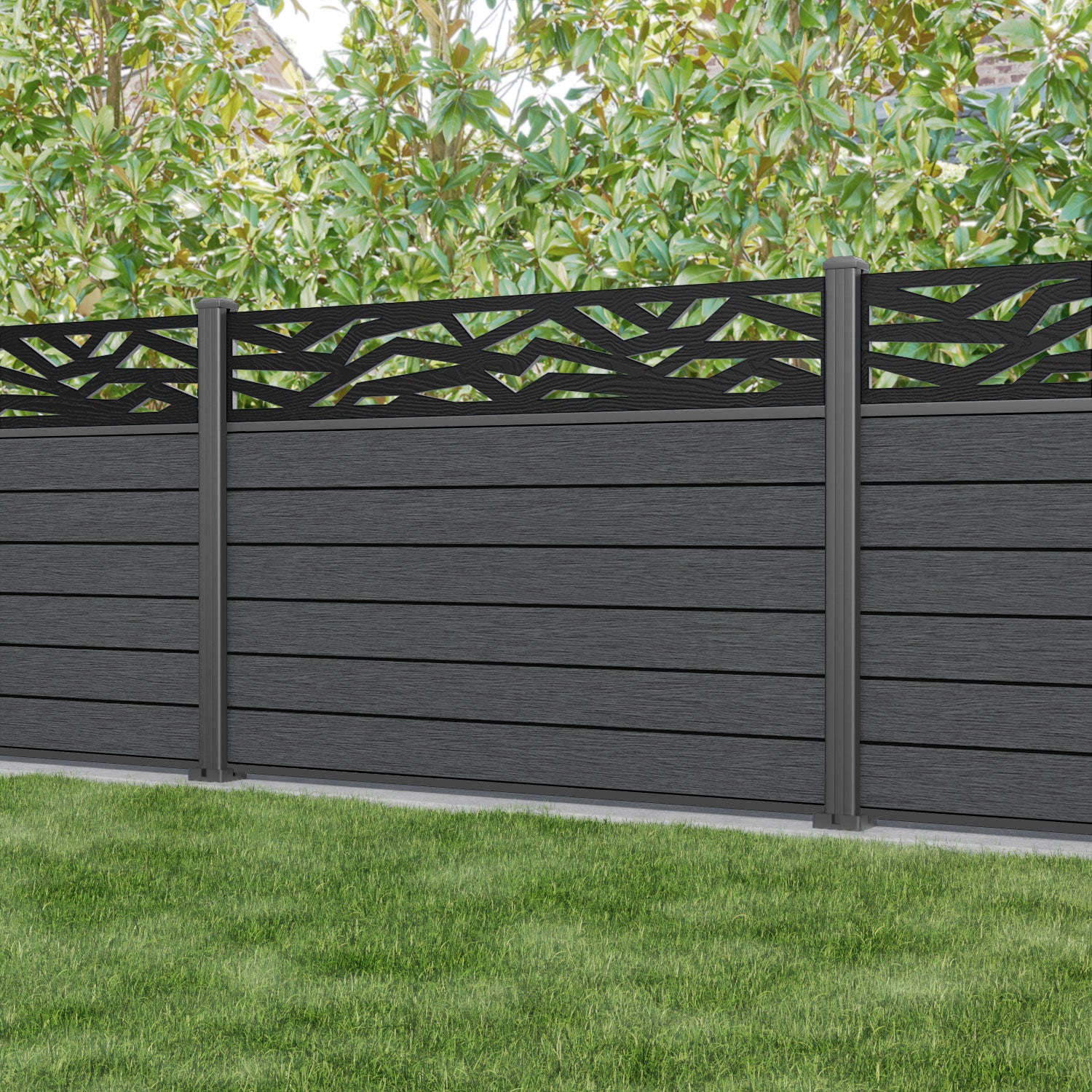 Fusion Zenith Fence Panel - Dark Grey - with our aluminium posts