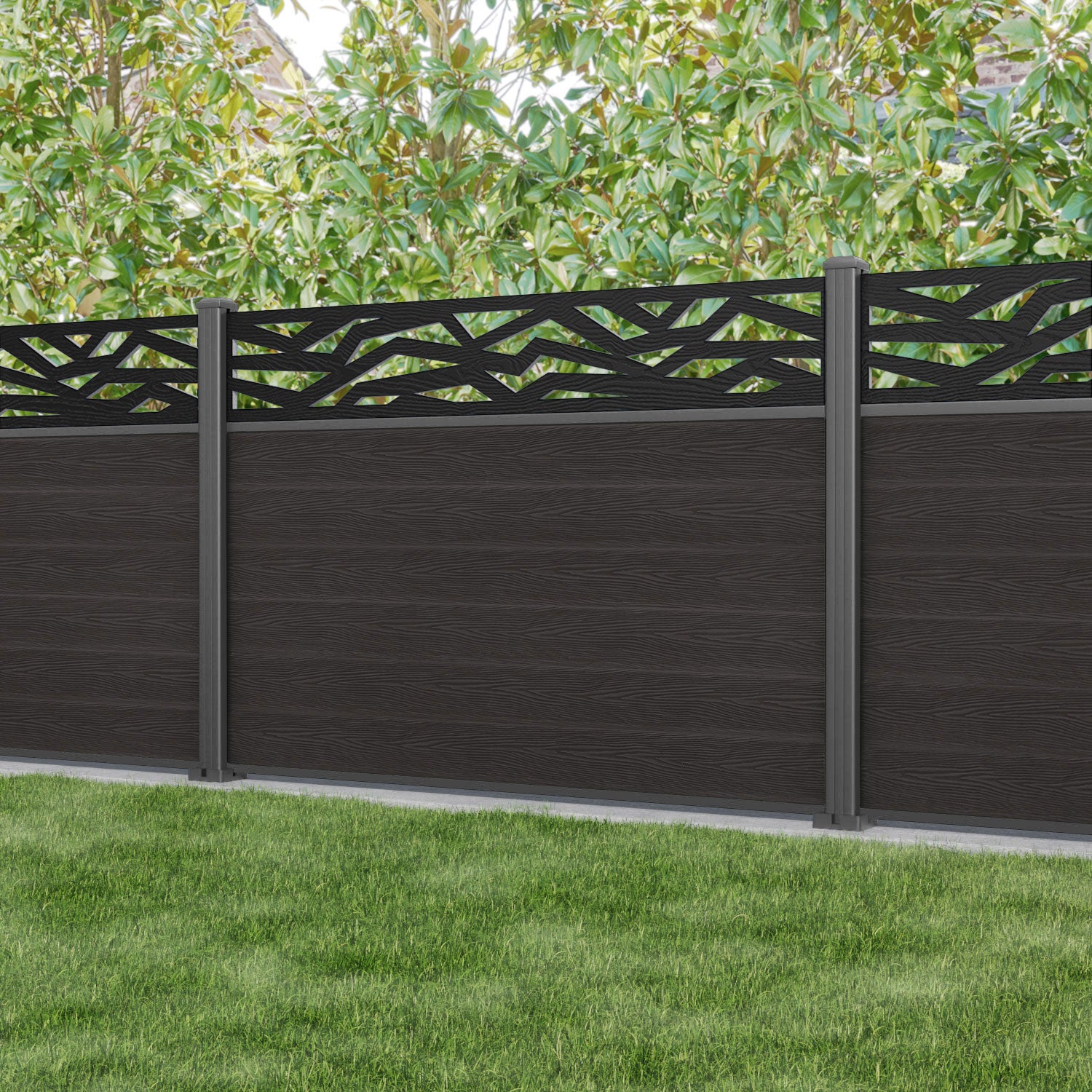 Classic Zenith Fence Panel - Dark Oak - with our aluminium posts