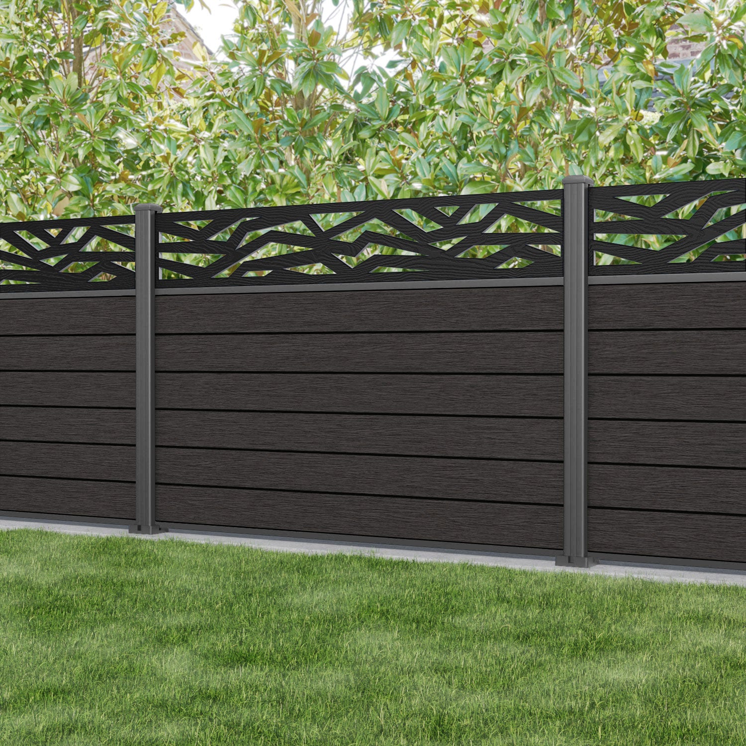 Fusion Zenith Fence Panel - Dark Oak - with our aluminium posts