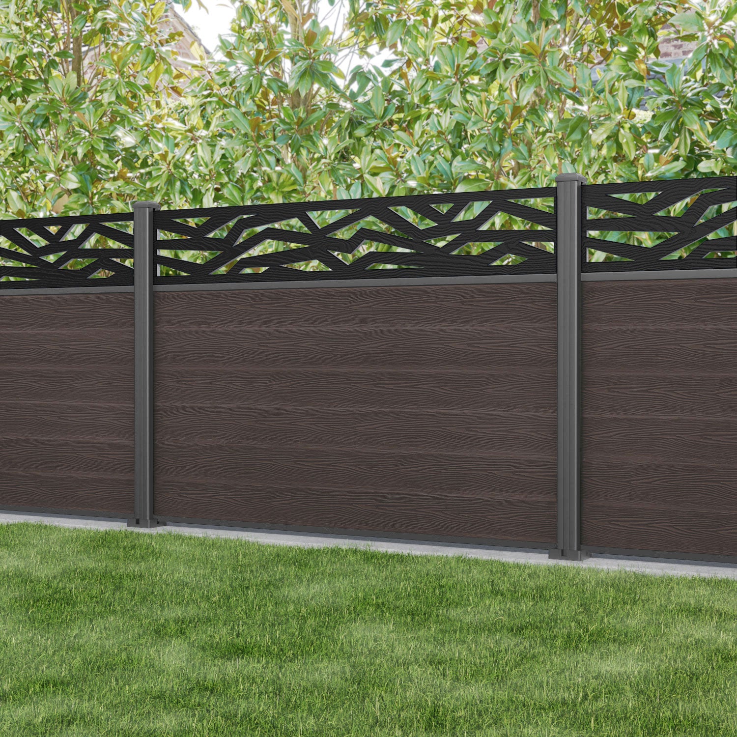 Classic Zenith Fence Panel - Mid Brown - with our aluminium posts