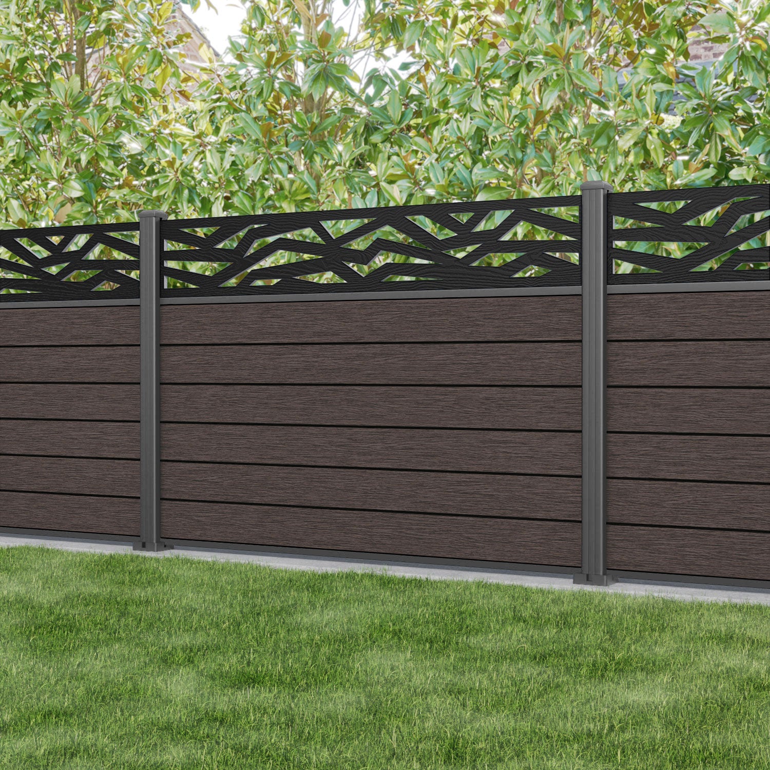 Fusion Zenith Fence Panel - Mid Brown - with our aluminium posts