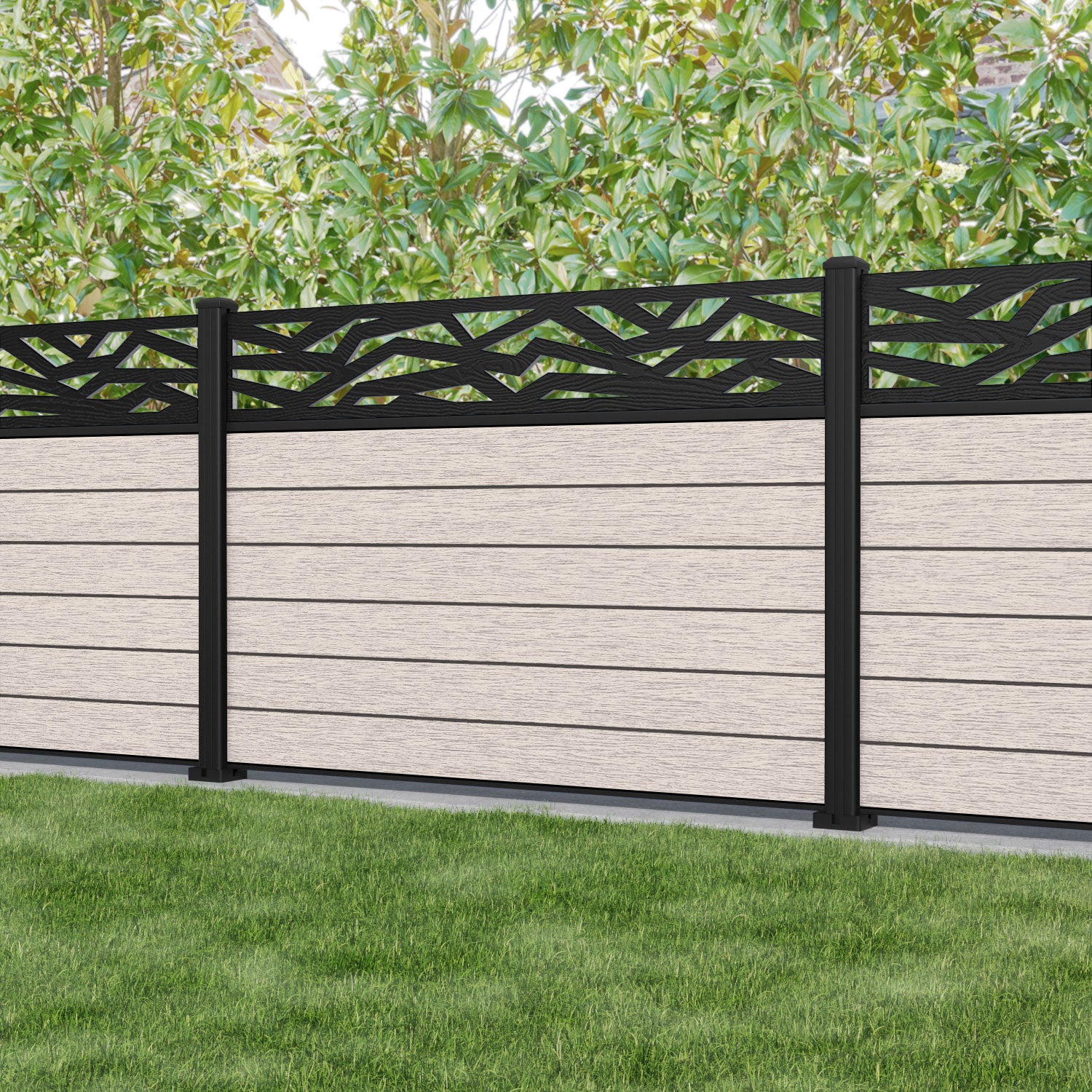 Fusion Zenith Fence Panel - Mid Stone - with our aluminium posts