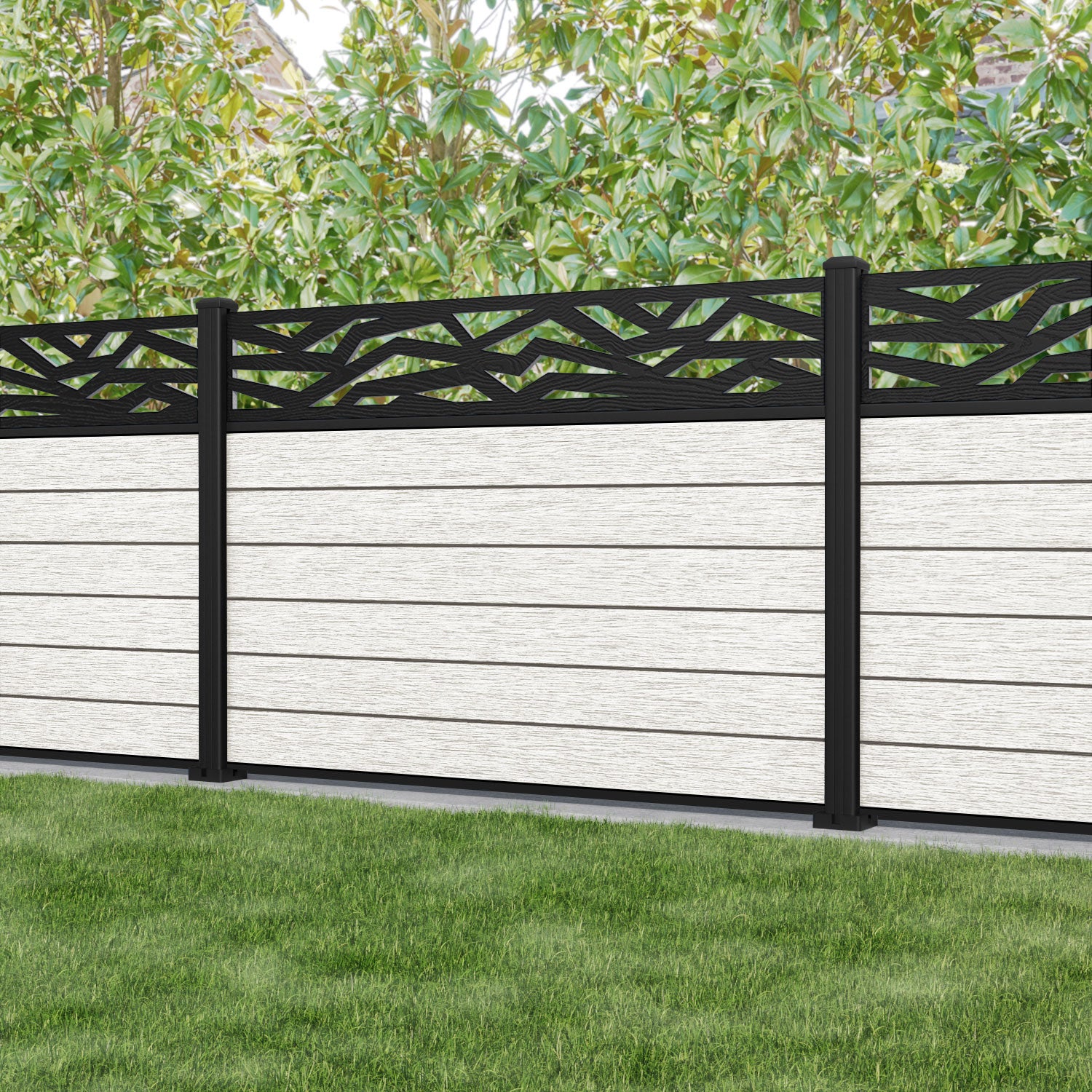 Fusion Zenith Fence Panel - Light Stone - with our aluminium posts
