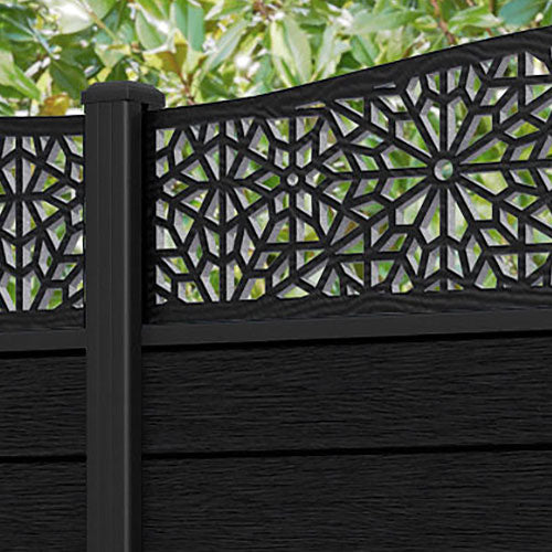 Fusion Alnara Curved Top Fence Panel - Black - with our aluminium posts