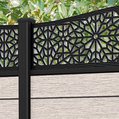 Fusion Alnara Curved Top Fence Panel - Mid Stone - with our aluminium posts