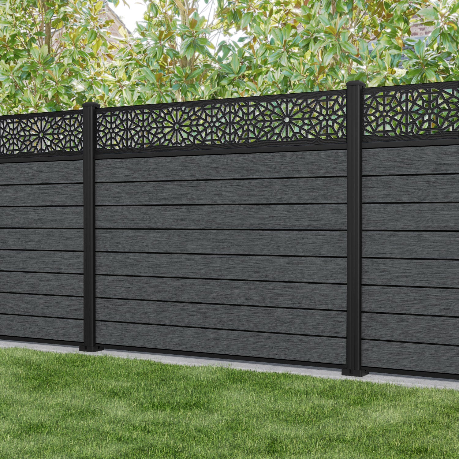 Fusion Alnara Fence Panel - Dark Grey - with our aluminium posts