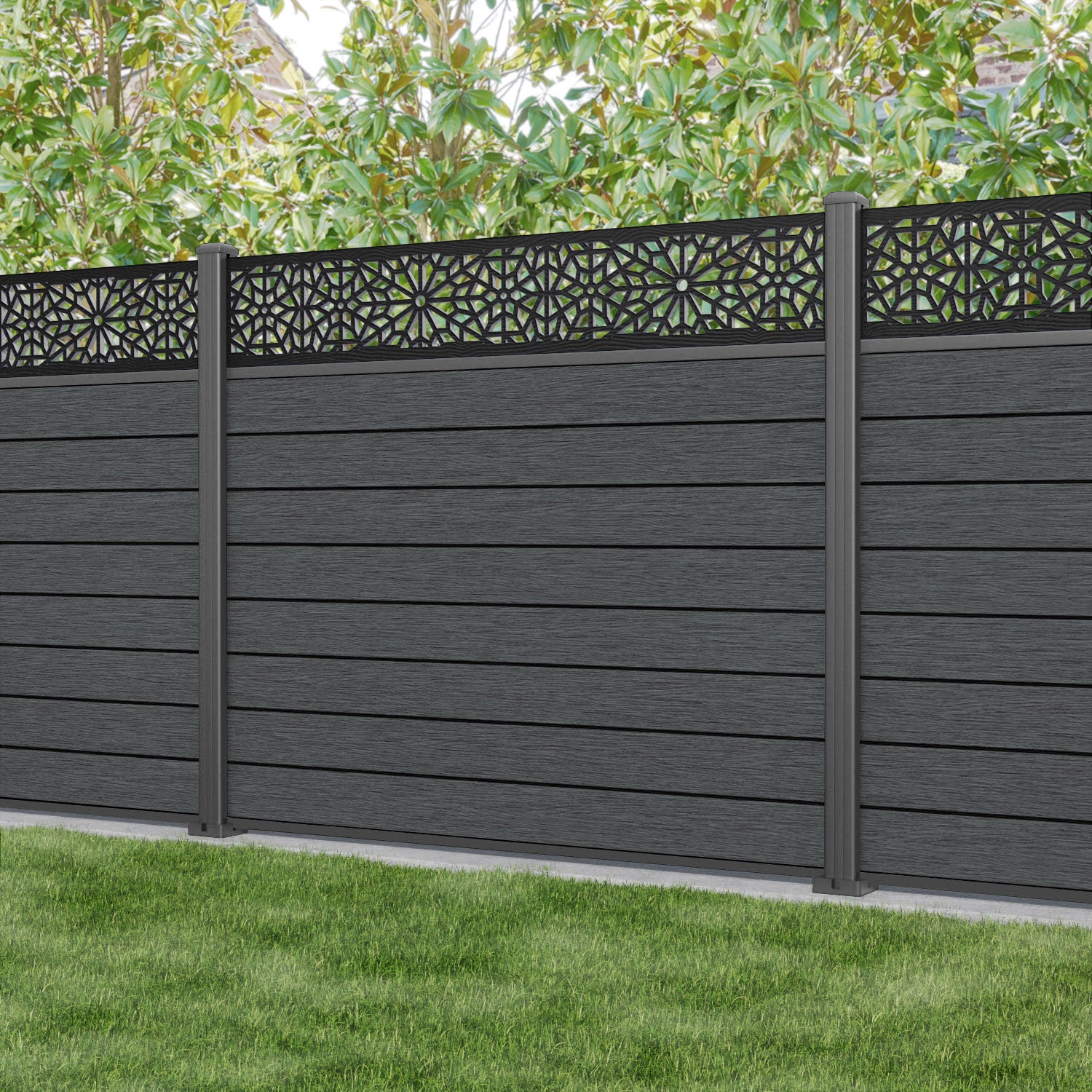 Fusion Alnara Fence Panel - Dark Grey - with our aluminium posts