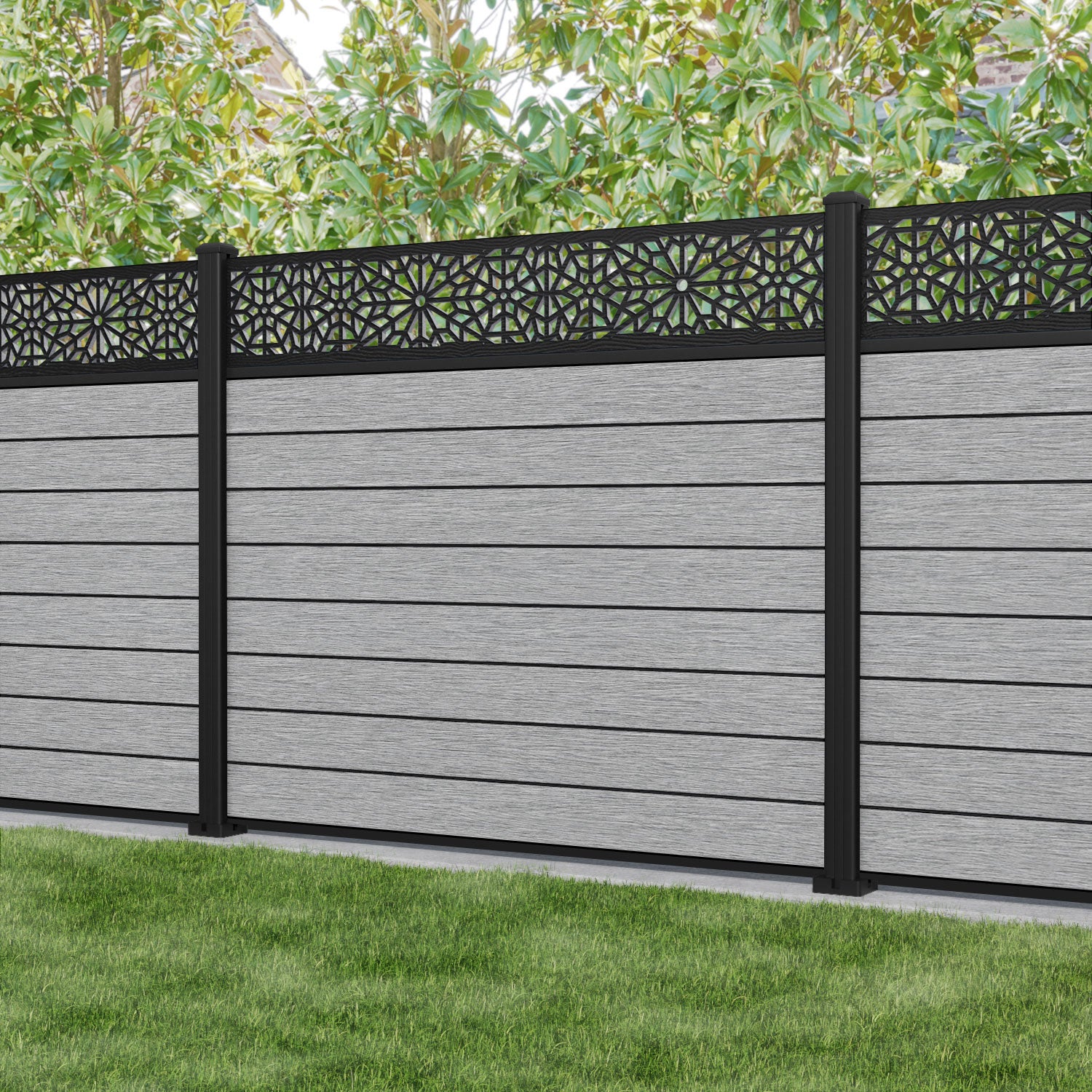 Fusion Alnara Fence Panel - Light Grey - with our aluminium posts