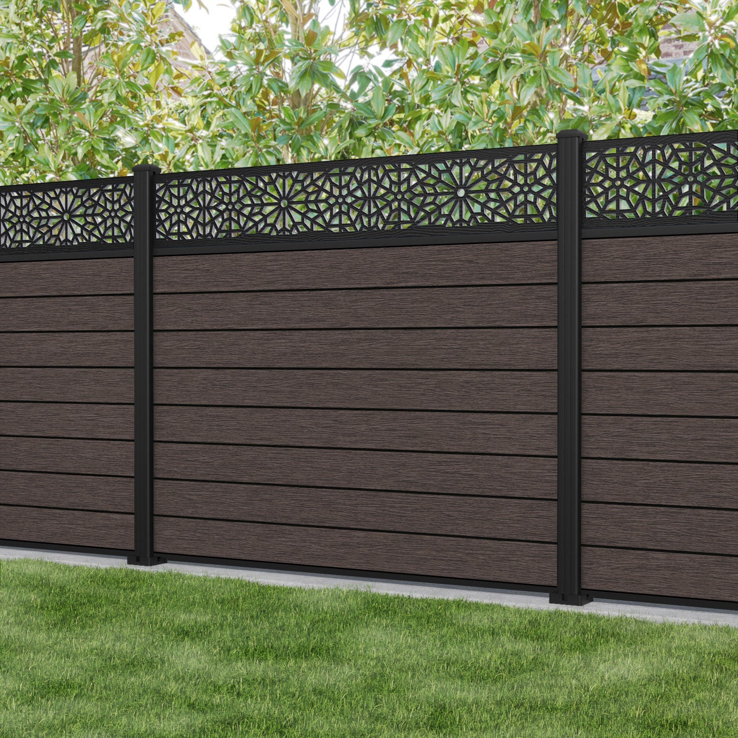 Fusion Alnara Fence Panel - Mid Brown - with our aluminium posts