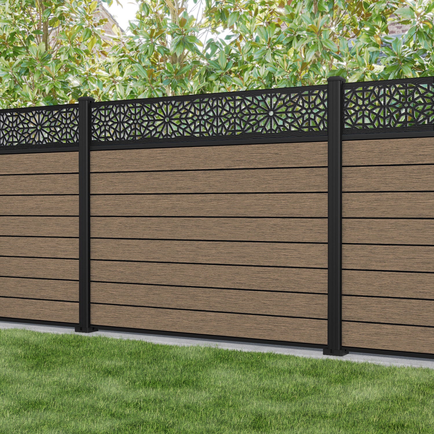 Fusion Alnara Fence Panel - Teak - with our aluminium posts