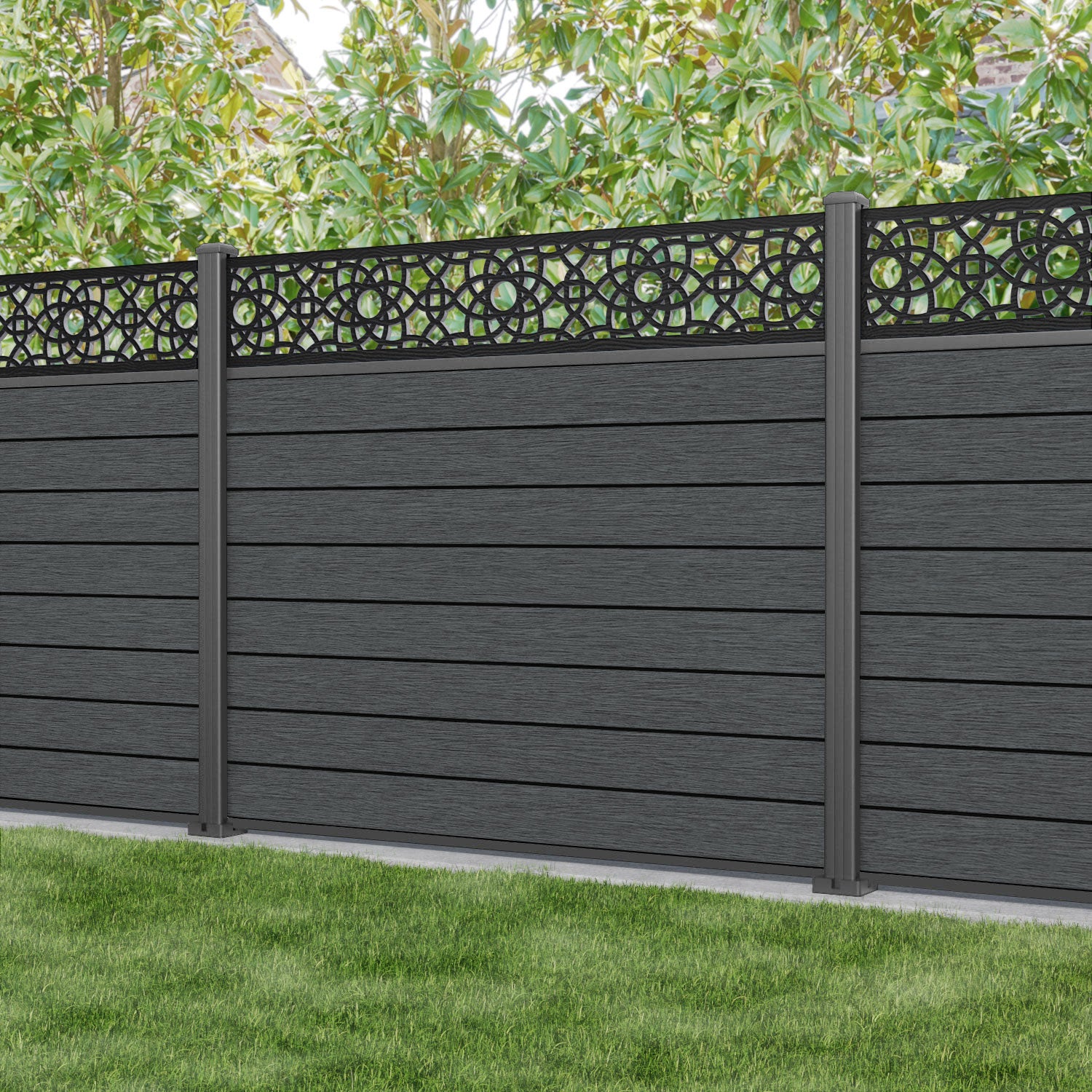 Fusion Ambar Fence Panel - Dark Grey - with our aluminium posts