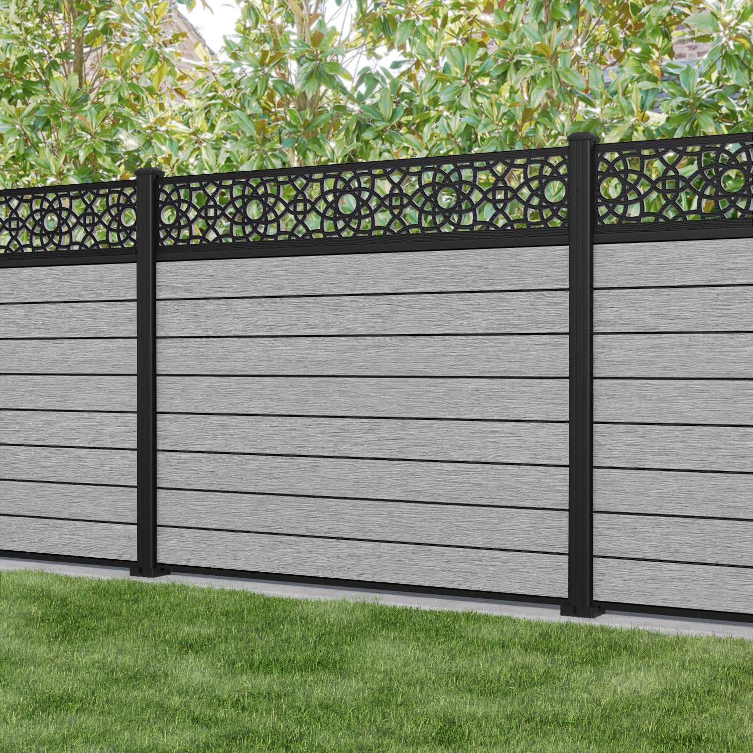 Fusion Ambar Fence Panel - Light Grey - with our aluminium posts