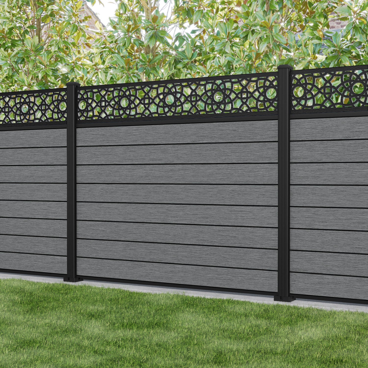Fusion Ambar Fence Panel - Mid Grey - with our aluminium posts