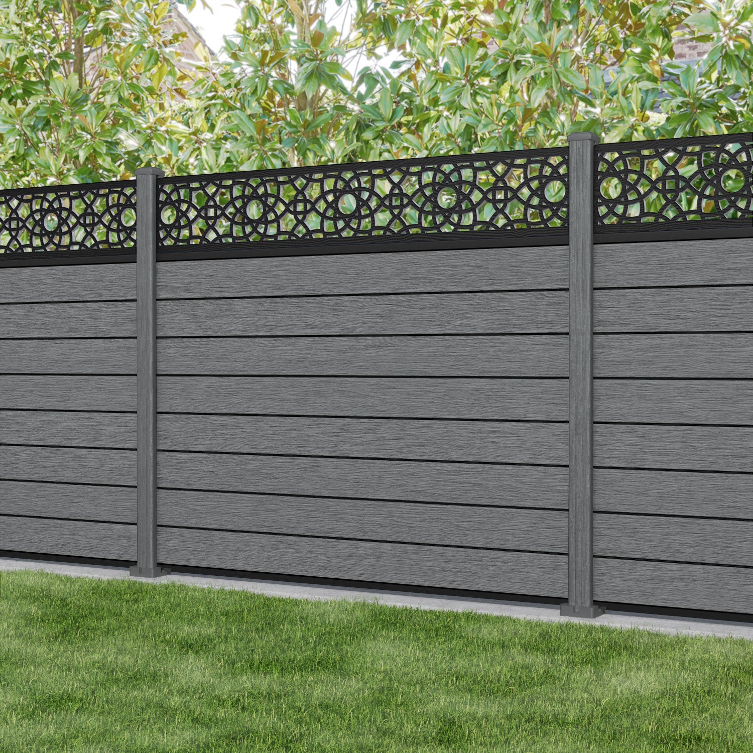 Fusion Ambar Fence Panel - Mid Grey - with our composite posts