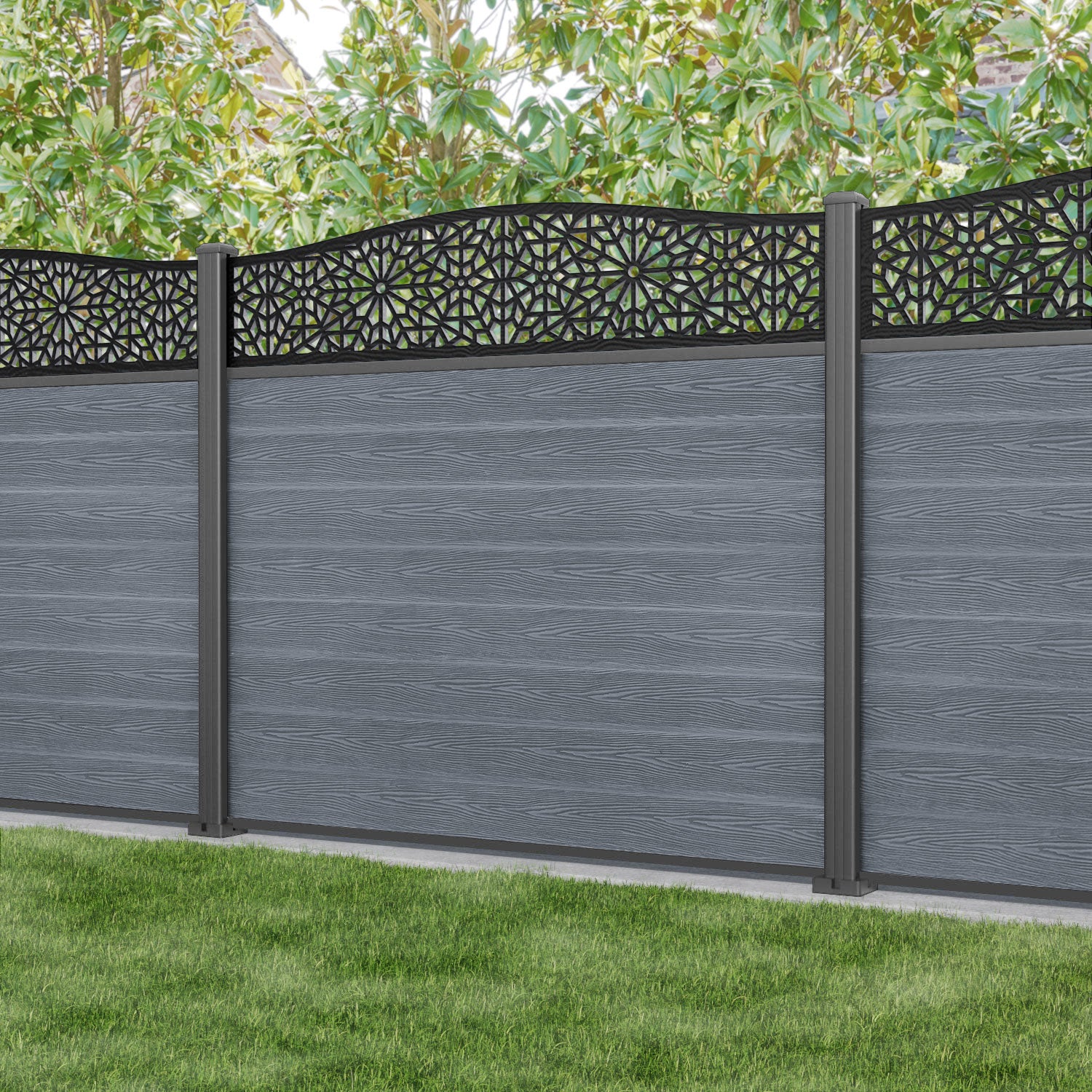 Classic Alnara Curved Top Fence Panel - Anthracite - with our aluminium posts