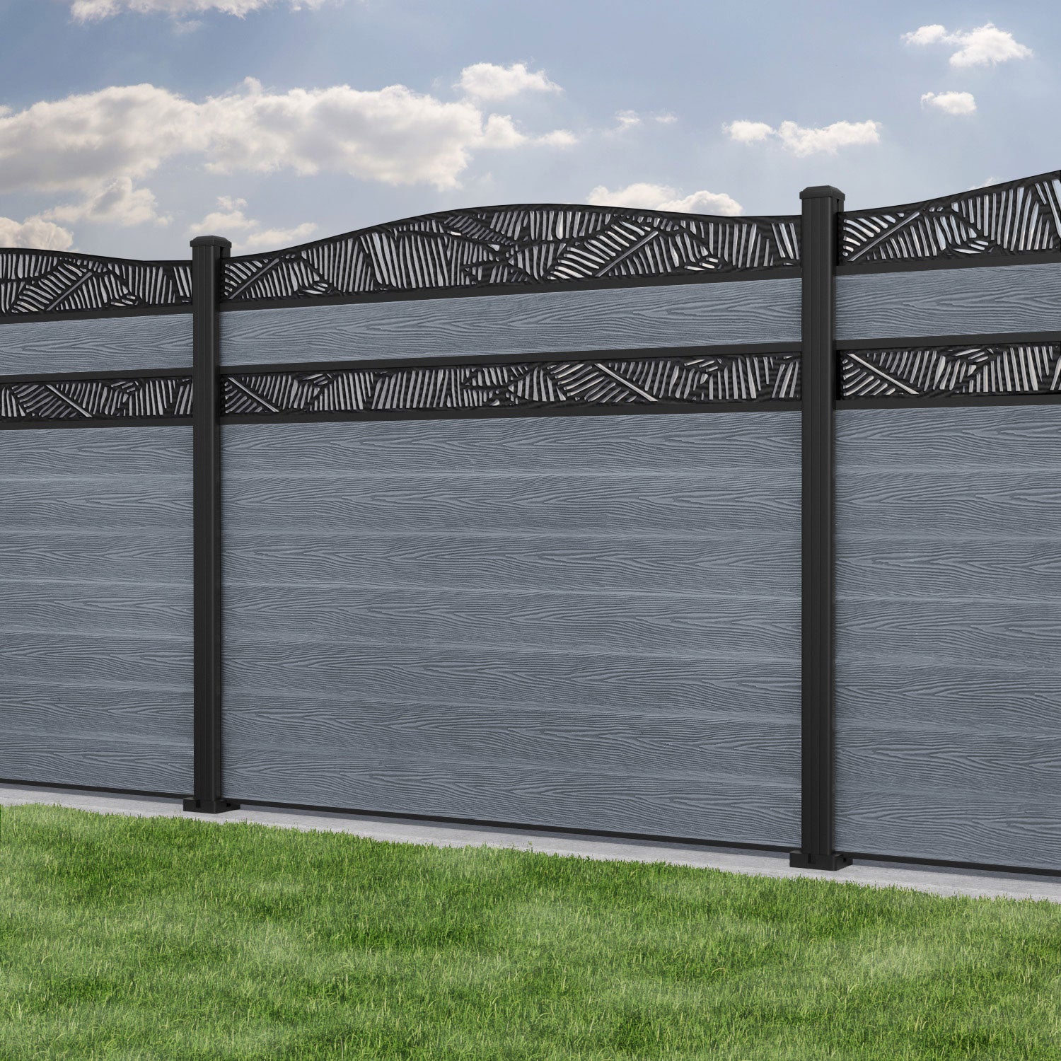Classic Feather Curved Top Split Screen Fence Panel - Anthracite - with our aluminium posts
