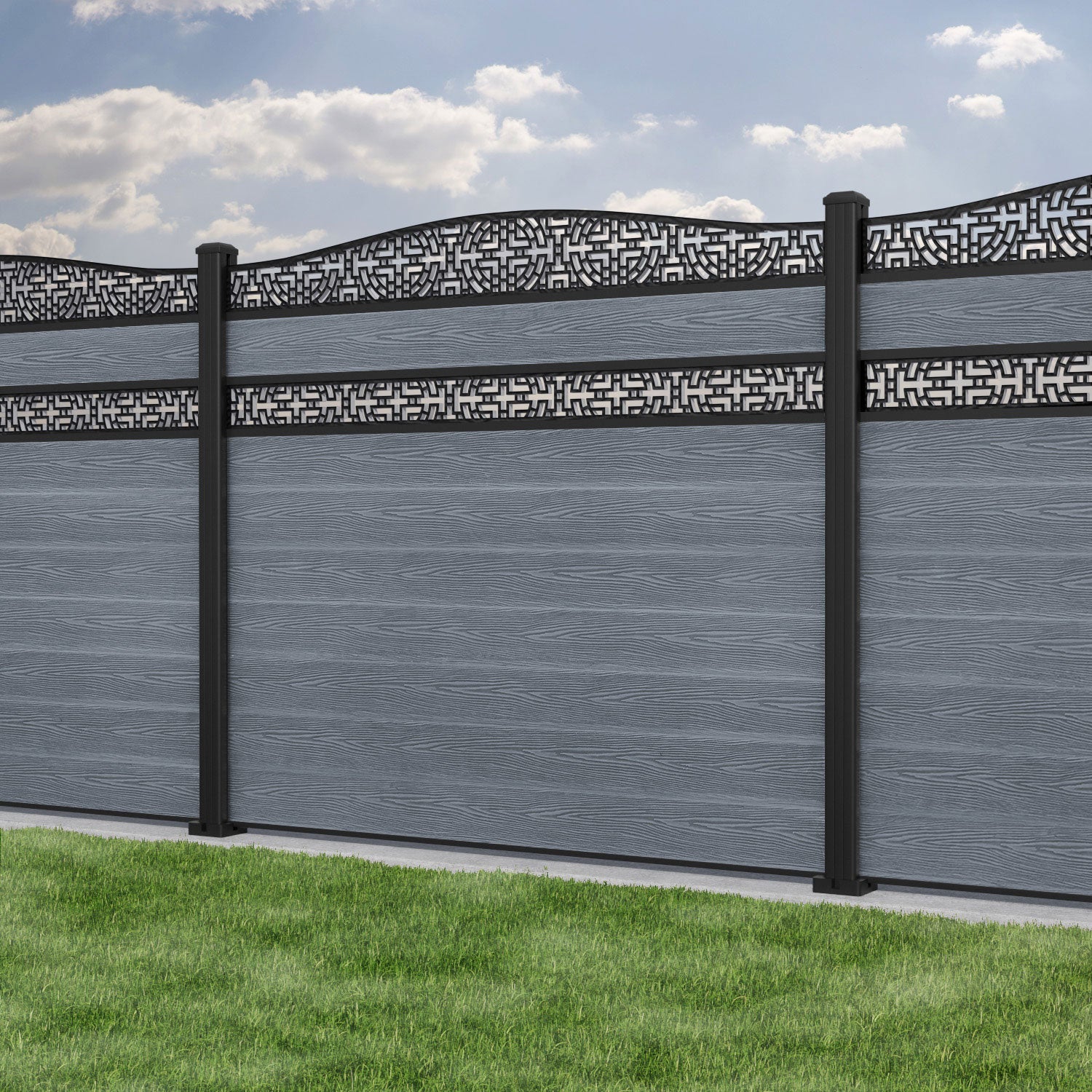 Classic Kumo Curved Top Split Screen Fence Panel - Anthracite - with our aluminium posts