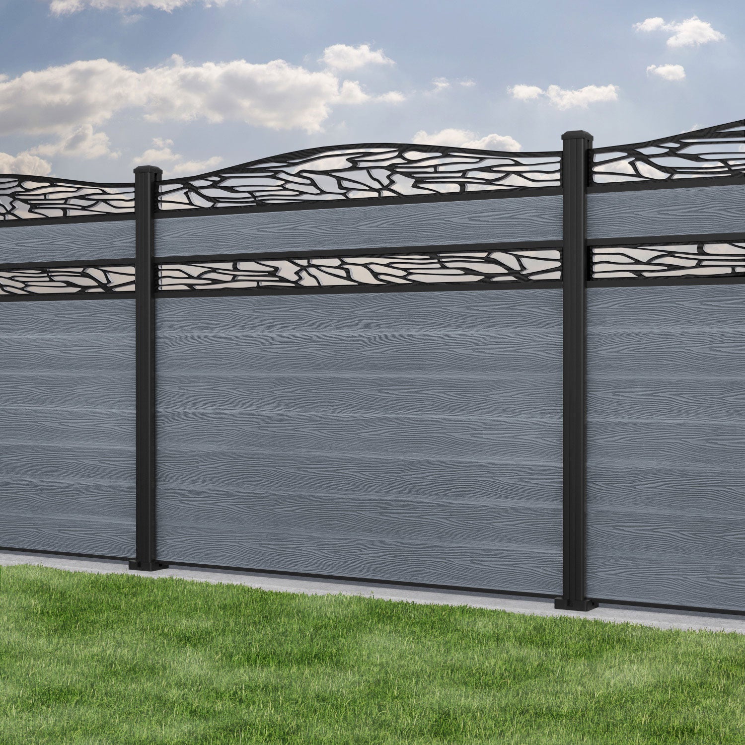 Classic Shatter Curved Top Split Screen Fence Panel - Anthracite - with our aluminium posts
