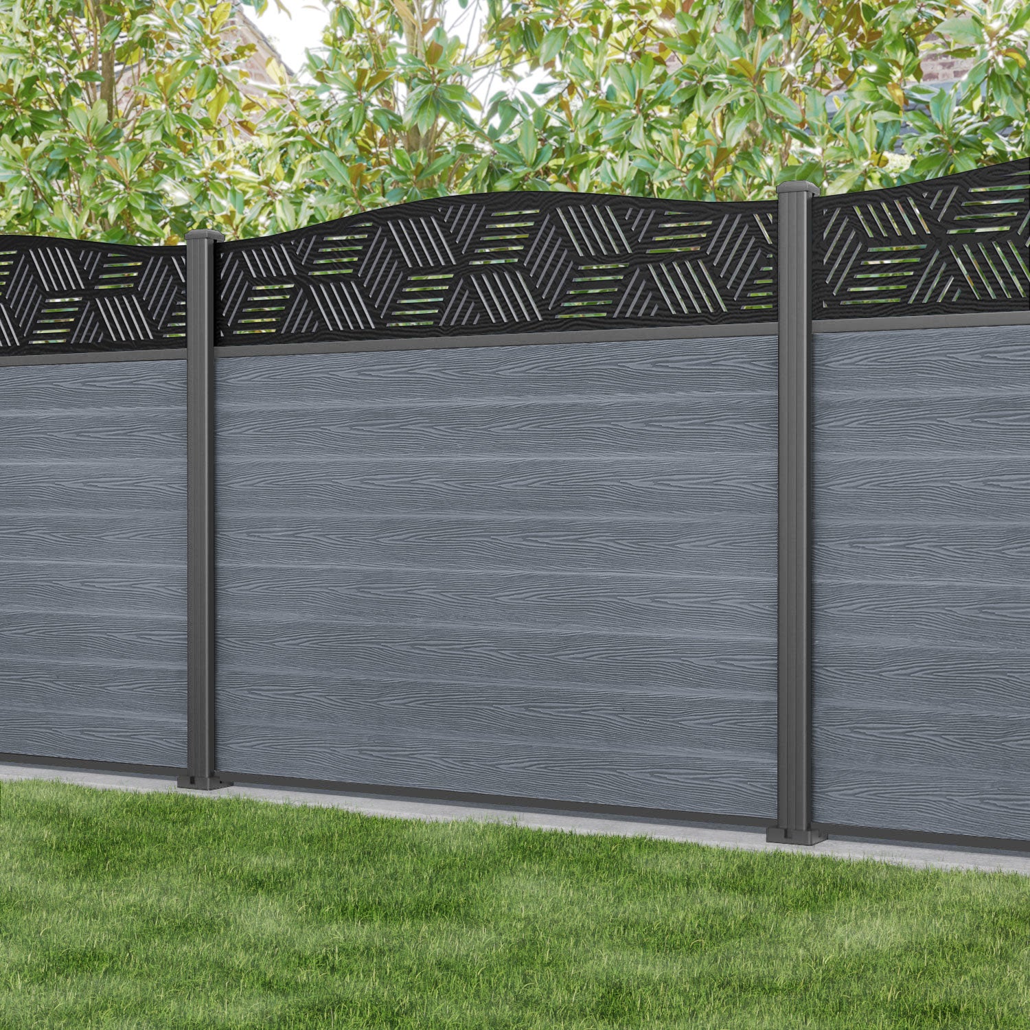 Classic Cubed Curved Top Fence Panel - Anthracite - with our aluminium posts