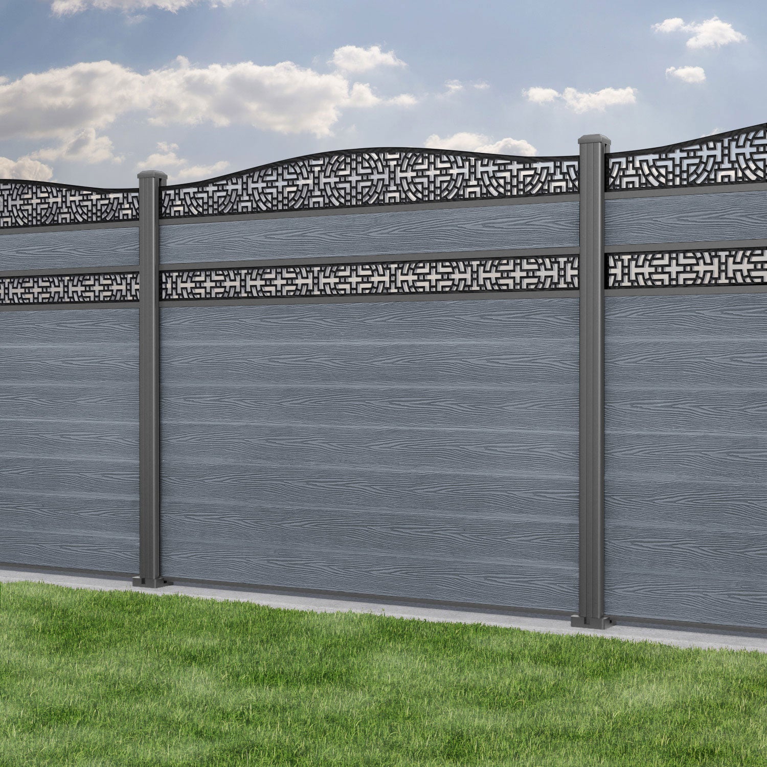Classic Kumo Curved Top Split Screen Fence Panel - Anthracite - with our aluminium posts
