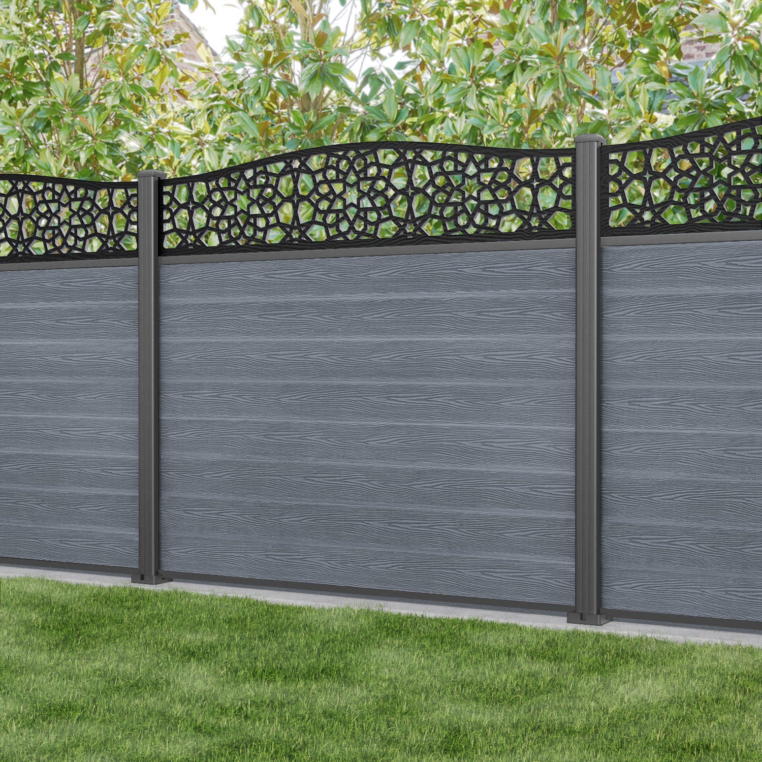 Classic Nazira Curved Top Fence Panel - Anthracite - with our aluminium posts